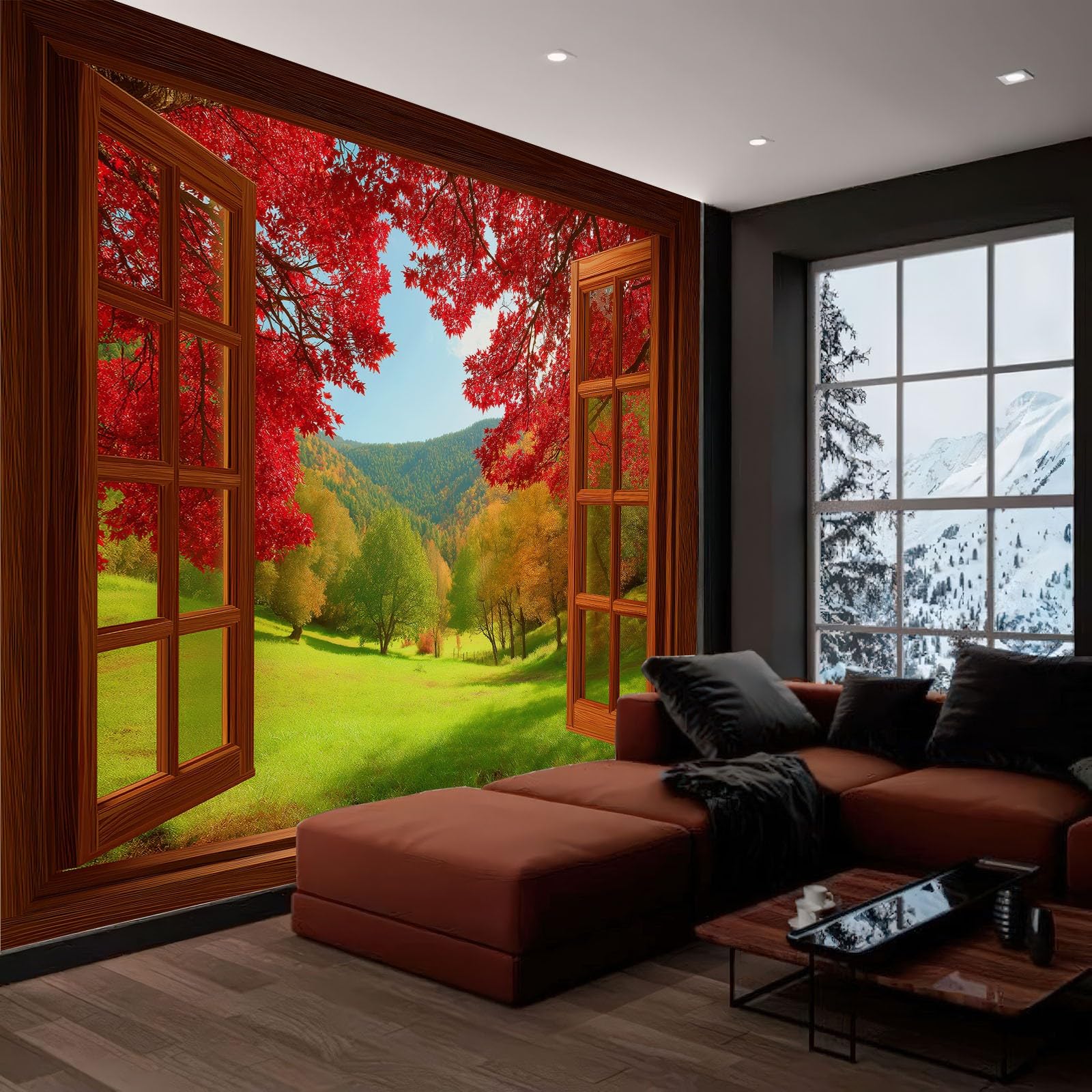 Fototapeta 3D, okno sklepowe, czerwony klon, trawnik, 250 x 175 cm, fototapeta, jesienna sceneria, nowoczesny salon, tło telewizora mural tapeta do salonu TV sofa motyw hotel murale