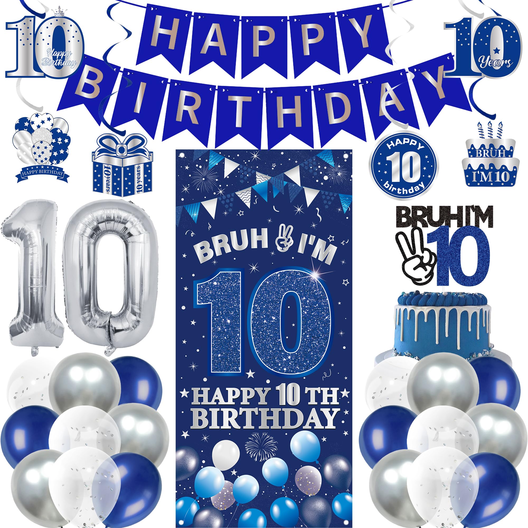 10th Birthday Decorations Banner Boys - 36 Pcs Blue Silver Banner Happy Birthday Backdrop Hanging Swirls Cake Topper Balloons for Boy Double Digits Party Decor Supplies