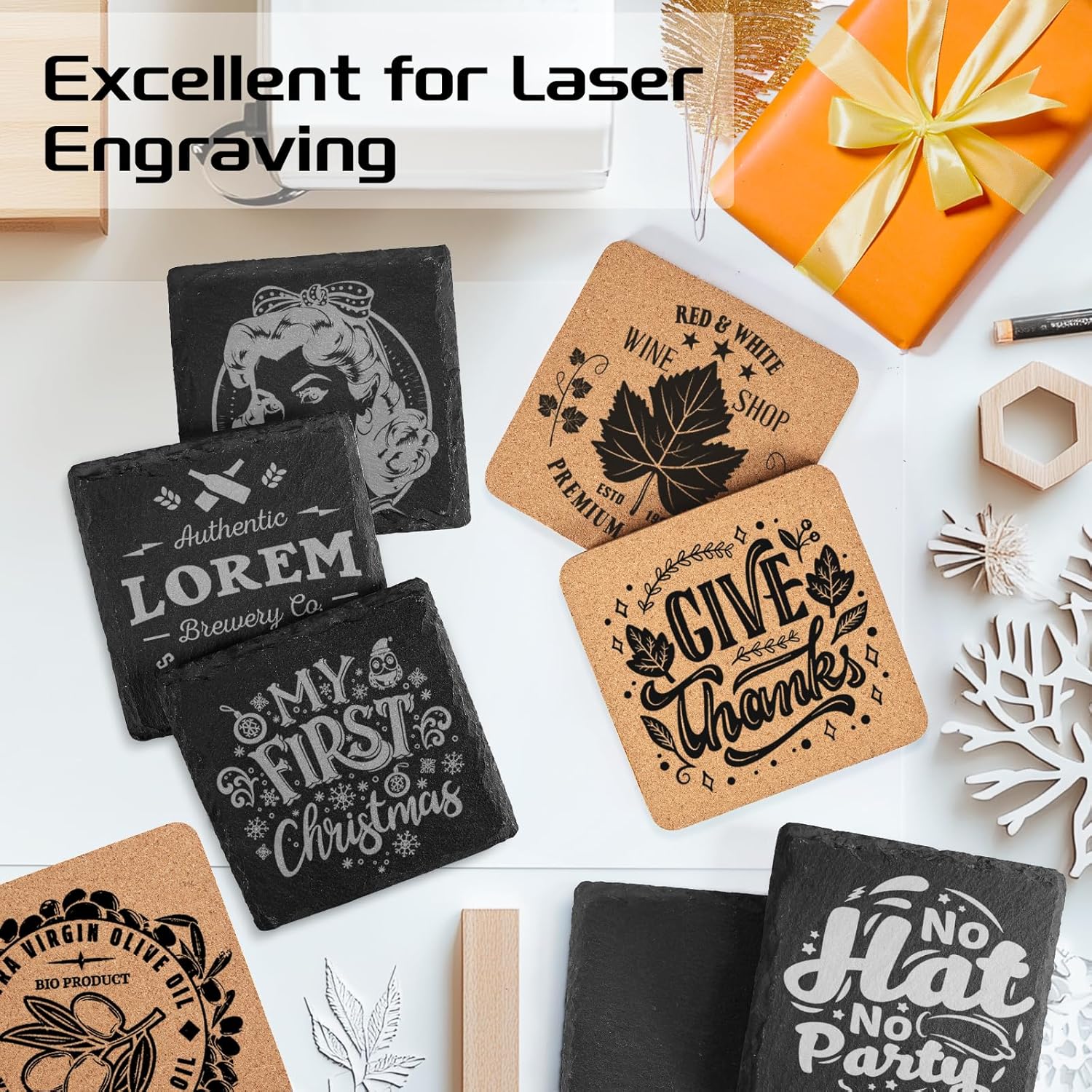 100 PCS Coaster Bulk for Laser Engraving, MAPRIAL 4 Inch 50 PCS Blanks Black Handmade Slate Stone Coasters, 50 PCS Cork Coasters, Engravable Materials for Engraver, Gifts, Crafts, Square - Image 3