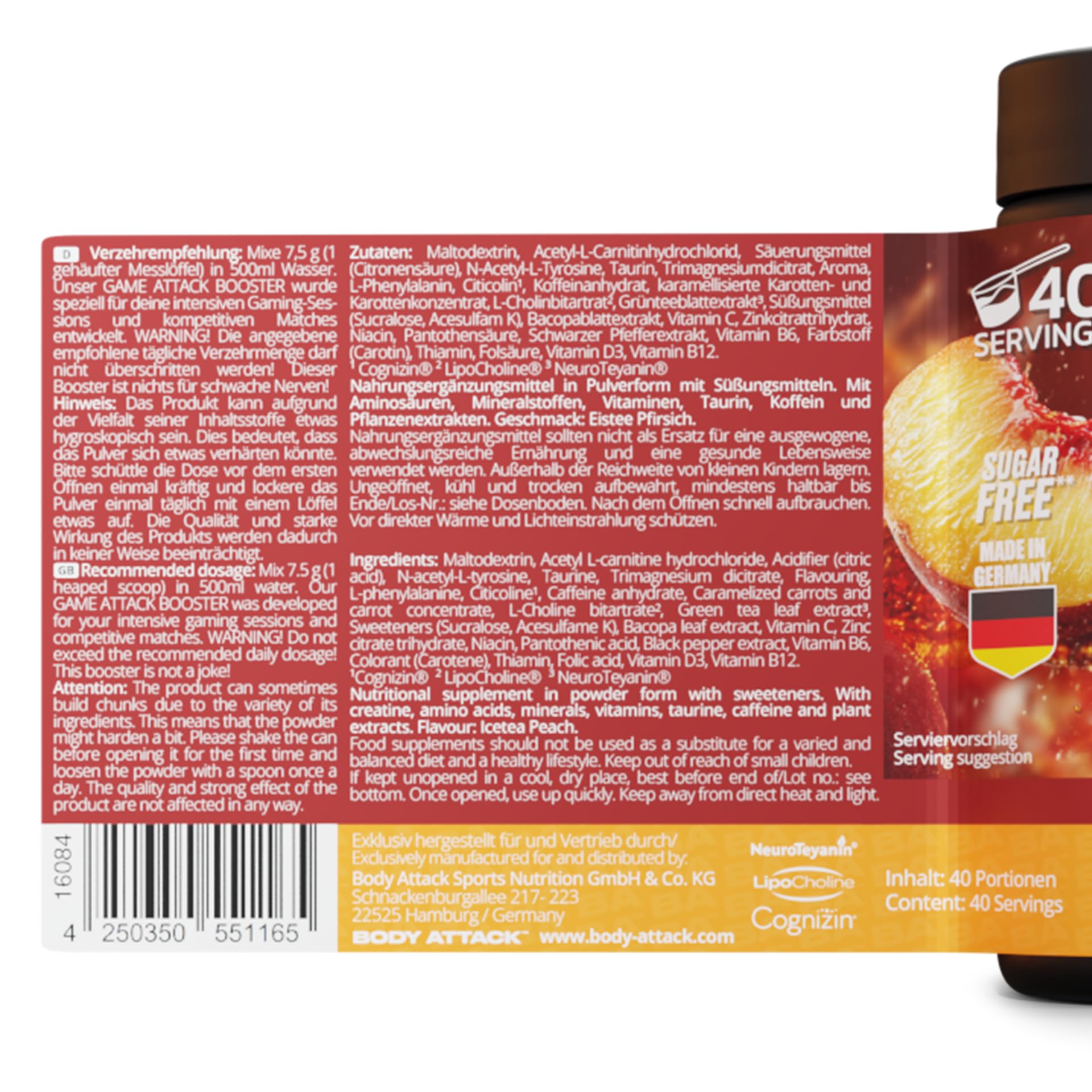 GAME ATTACK Gaming Booster - Ice Tea Peach - 300 g (40 Portionen) - Energy Drink Pulver für Fokus & Energie - 17 kcal/Portion - 18 Zutaten - geprüfte Qualität - Made in Germany