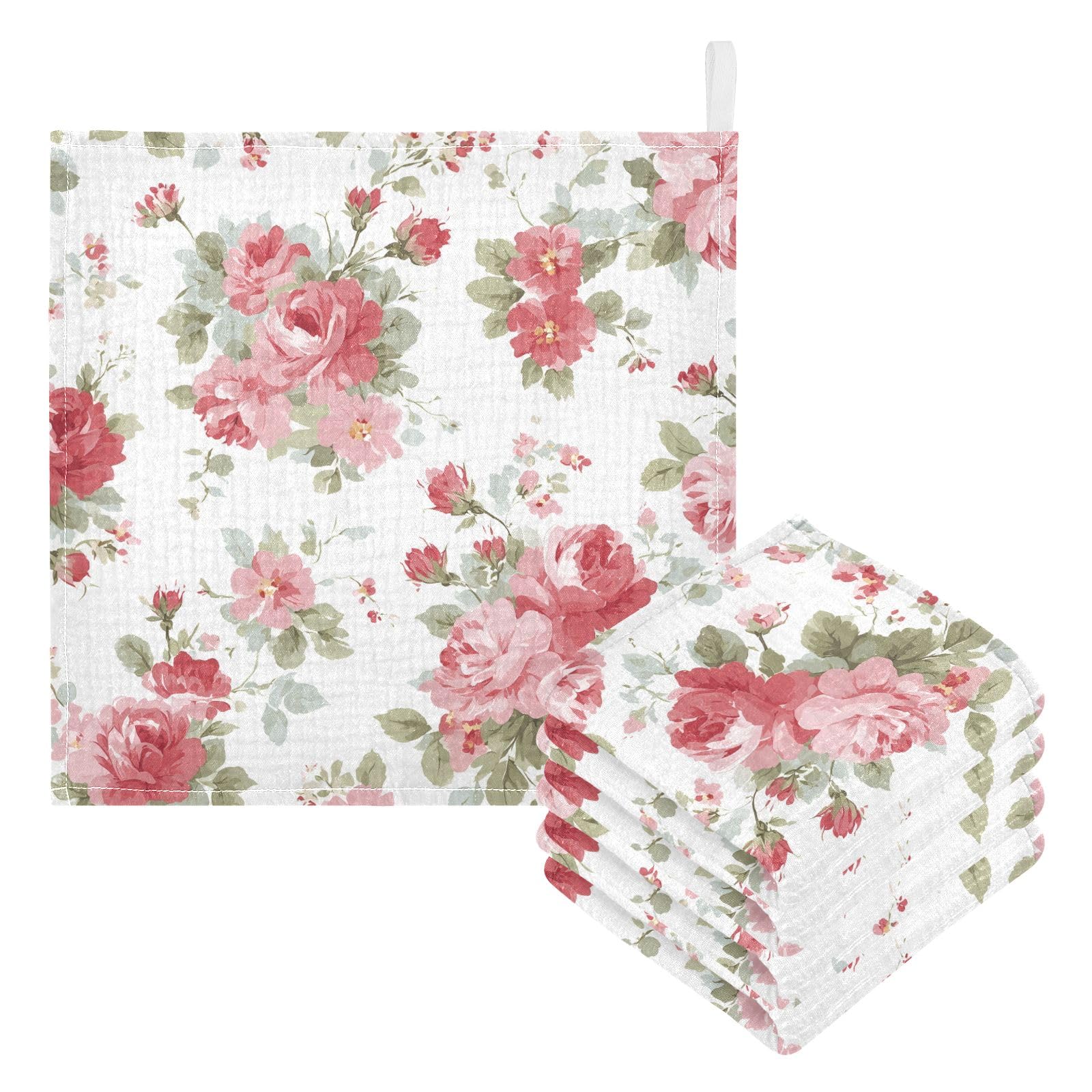 Bolaz Washcloths Set Bathroom Kitchen Wash Cloths Face Towels Wipes Cherry Blossoms Decorative 12x12 Inch 5 Pack
