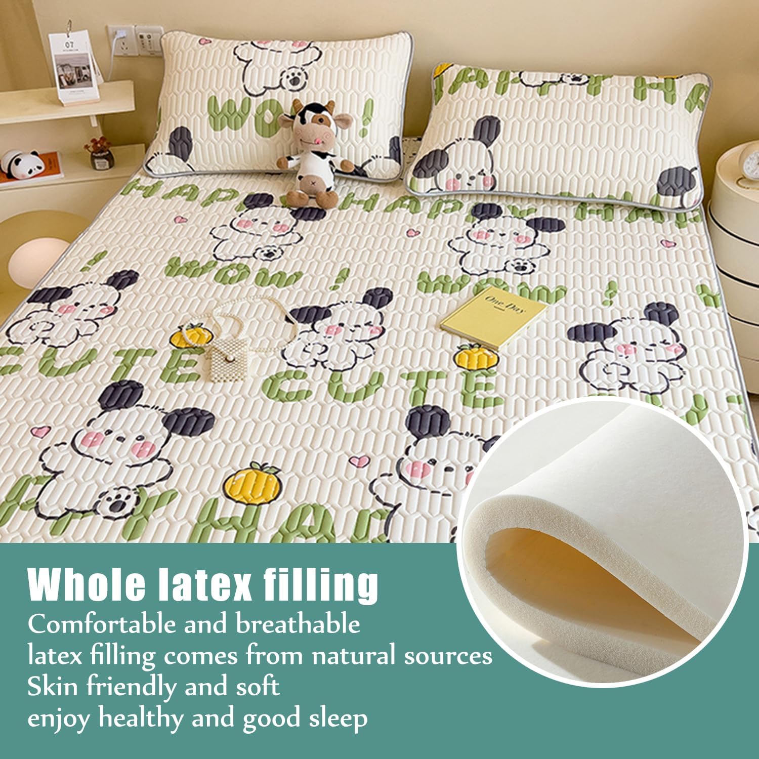 Fruit/c,0.9 * 2mtwin(2pcs),LDLCYCN Queen Size Cooling Mattress Protector Topper with 4 Elastic Bands Ice Silk Mattress Cover Cartoon Pattern Mattress Pad Japanese Futon Mattress Student Dormitory