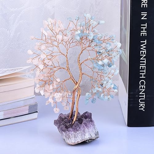 Miniatura 3 de mookaitedecor Árbol de cristal natural de cuarzo rosa y aguamarina con base de racimo de amatista, adorno de árbol de la vida para decoración de