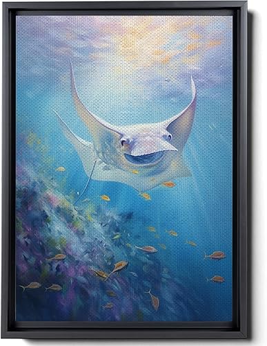 Nautical Print on Canvas for Wall Decor, Ocean Fish Manta Ray Canvas Wall Art, Beach Print for Wall Hang, Turquoise Coastal Pictures Wall Decor,