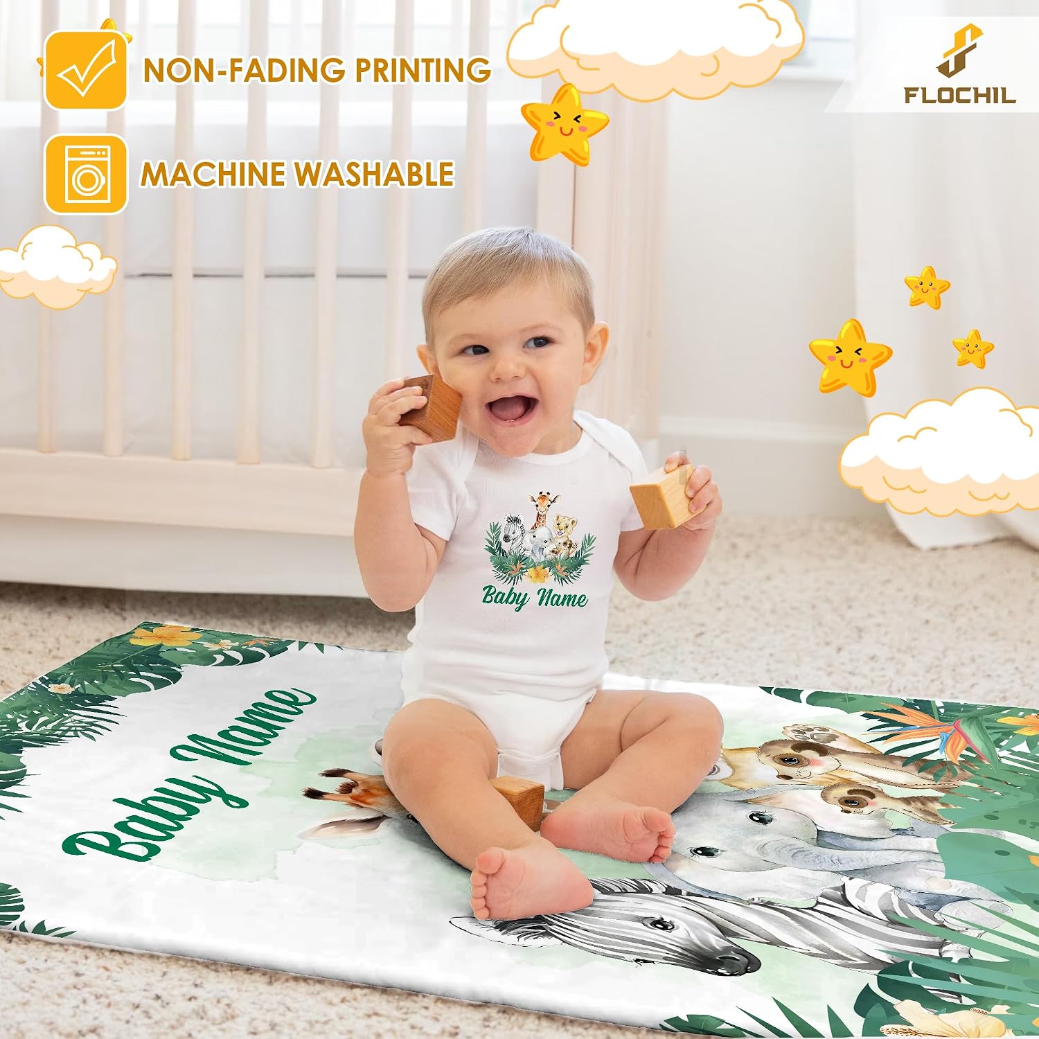 FLOCHIL Personalized Baby Blanket for Boys, Custom Baby Blanket with Name, Customized Safari Baby Blanket, Gift for Baby Shower, Toddler, Babies, Newborn