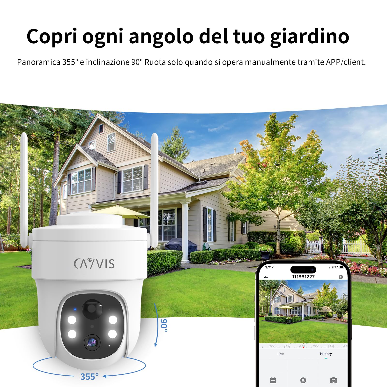 Telecamera Wi-Fi Esterno Senza Fili, 2K 3MP Videocamera Sorveglianza Esternocon Pannello Solare e Batteria, Visione Notturna a Colori,Rilevamento Umano PIR, 2 Vie Audio,Alexa (1, Bianco, N)