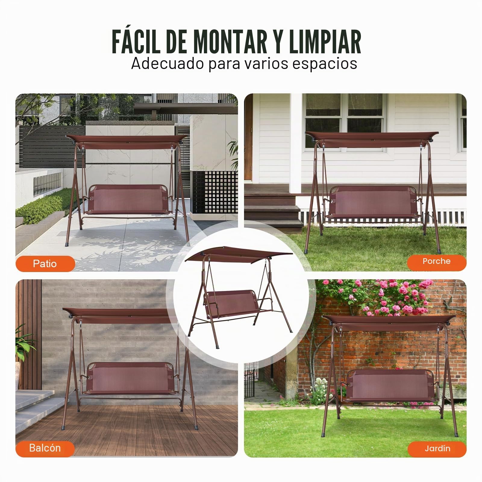 VEVOR Columpio de Patio para 3 Personas Columpio Ajustable para Porche con Reposabrazos Tela Teslin Marco de Acero de Aleación para Balcón, Patio, Jardín, Junto a Piscina, 1740x1095x1550 mm, Marrón
