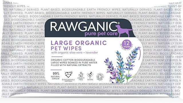 RAWGANIC Large Organic Pet Wipes, Gentle Natural Soothing Premium Cotton Biodegradable Wipes for large dogs & horses | with Aloe Vera and Lavender | 1 Pack (12 wipes in total)