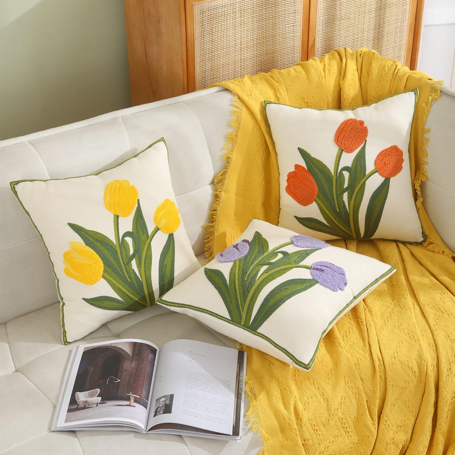 Purple Tulip Flower Pillow Covers 18x18 inch Pack of 2 Embroidery Throw Pillow Covers Spring Summer Pillow Covers for Couch Cotton Canvas Cushion Cover Square Farmhouse Floral Decor Pillow Case