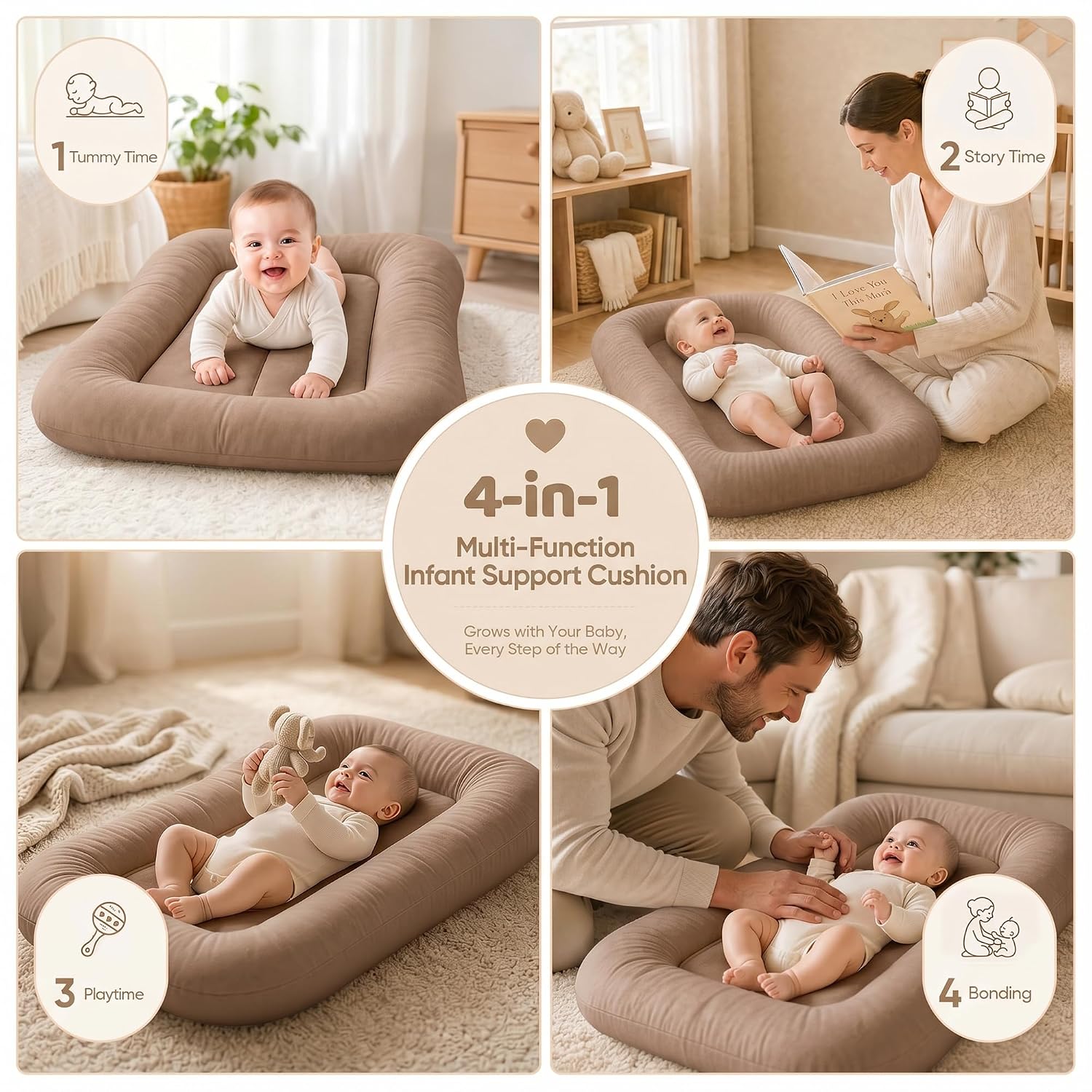 Infant Support Cushion - Breathable Cotton Baby Support Cushion for Babies 0-24 Months, Portable Tummy Time Mat for Home & Travel, Machine Washable, Perfect Baby Registry Gift, Brown
