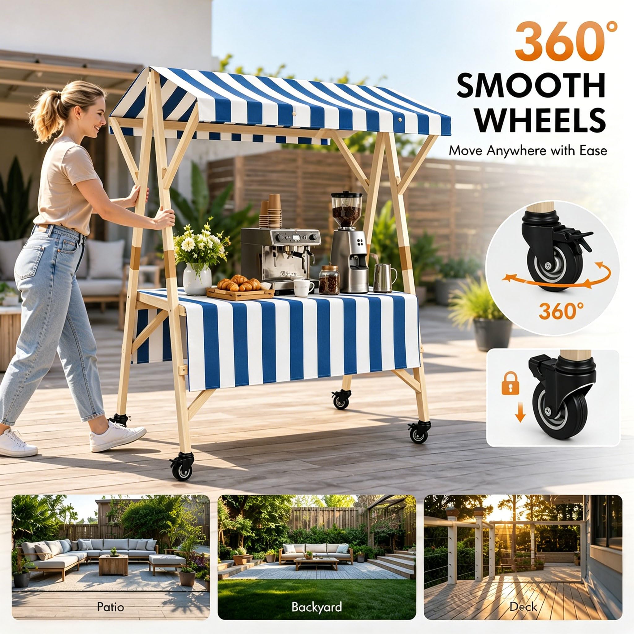 Carrello portatile degli agricoltori con ruote e tettoia - 150 x 78 x 193,8 cm Carrello pieghevole in legno per eventi all'aperto ack stand onade nd carrello da dessert e esposizione del mercato