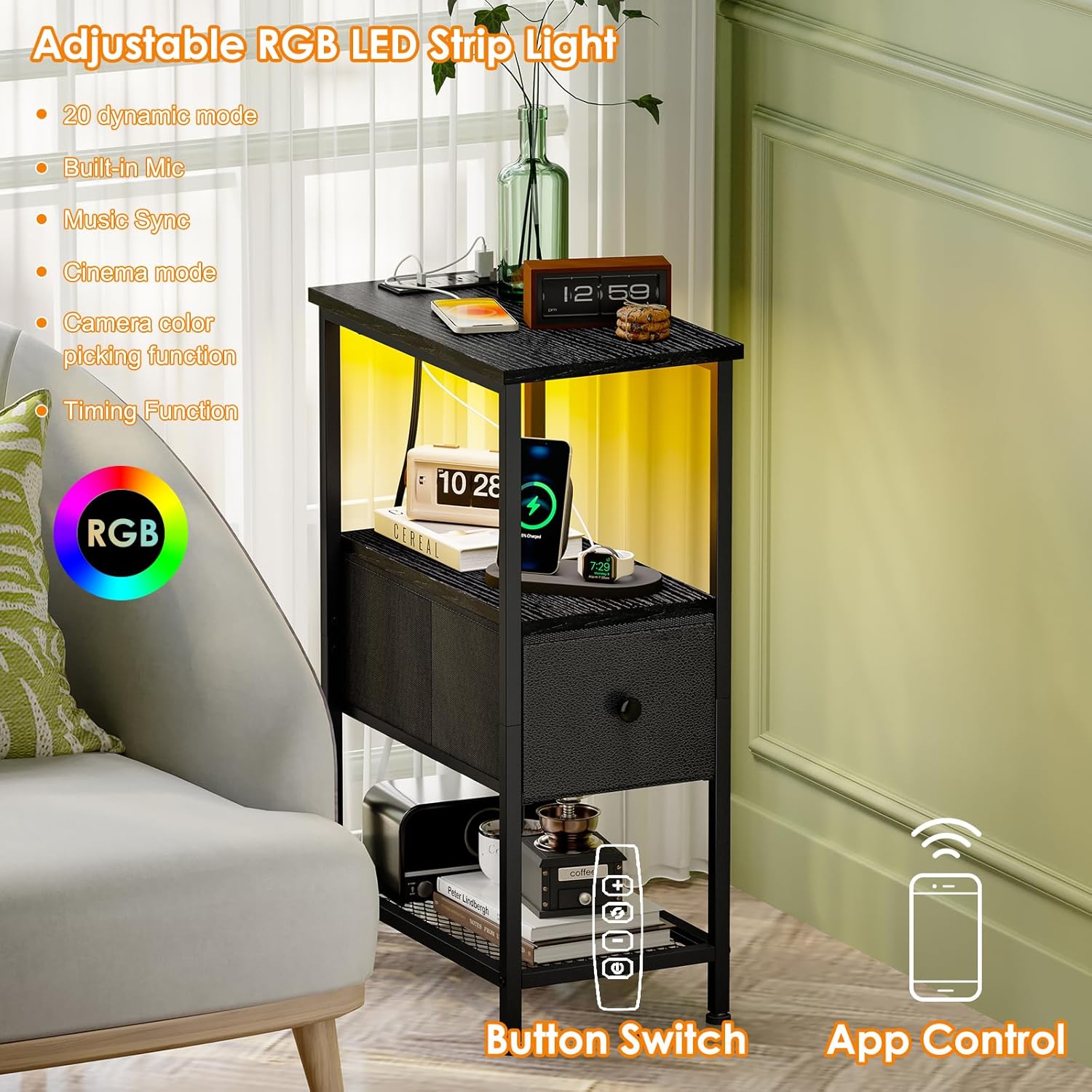Fixwal Narrow Side Table with Charging Station and LED Light, Skinny Nightstand with 1 Fabric Drawer, Slim End Table for Bedroom, Dorm, Small Space, Black