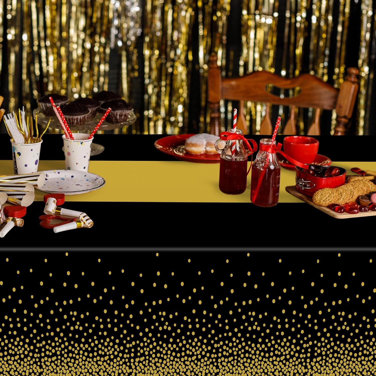 4Pack Black and Gold Tablecloths for Events, 54" x 108" Plastic Table Cloth Disposable for Rectangle Tables, Waterproof Table Cloth Cover for New Years Eve Decorations Holiday Birthday Wedding Dining - Image 6