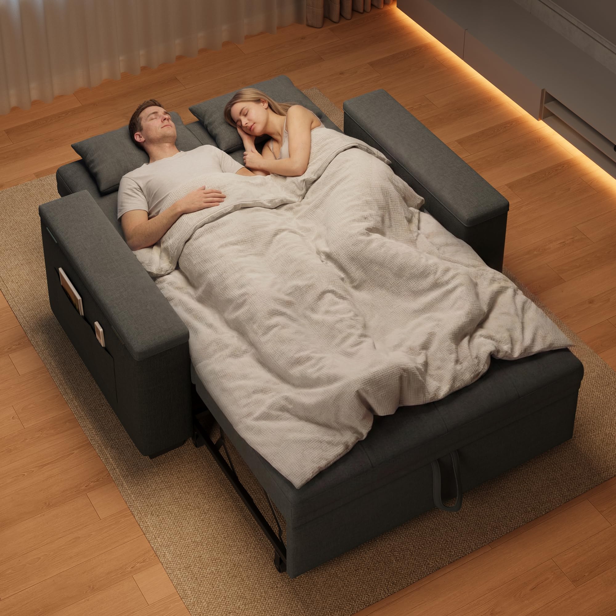 Xbro Divano Letto 2 Posti in Lino, Letto Esteso 175x116 cm, Convertibile 3 in 1 con 2 Cuscini e Tasche Laterali, Compatto Salvaspazio per Soggiorno e Camera Ospiti, 156x74x84 cm, Grigio Scuro
