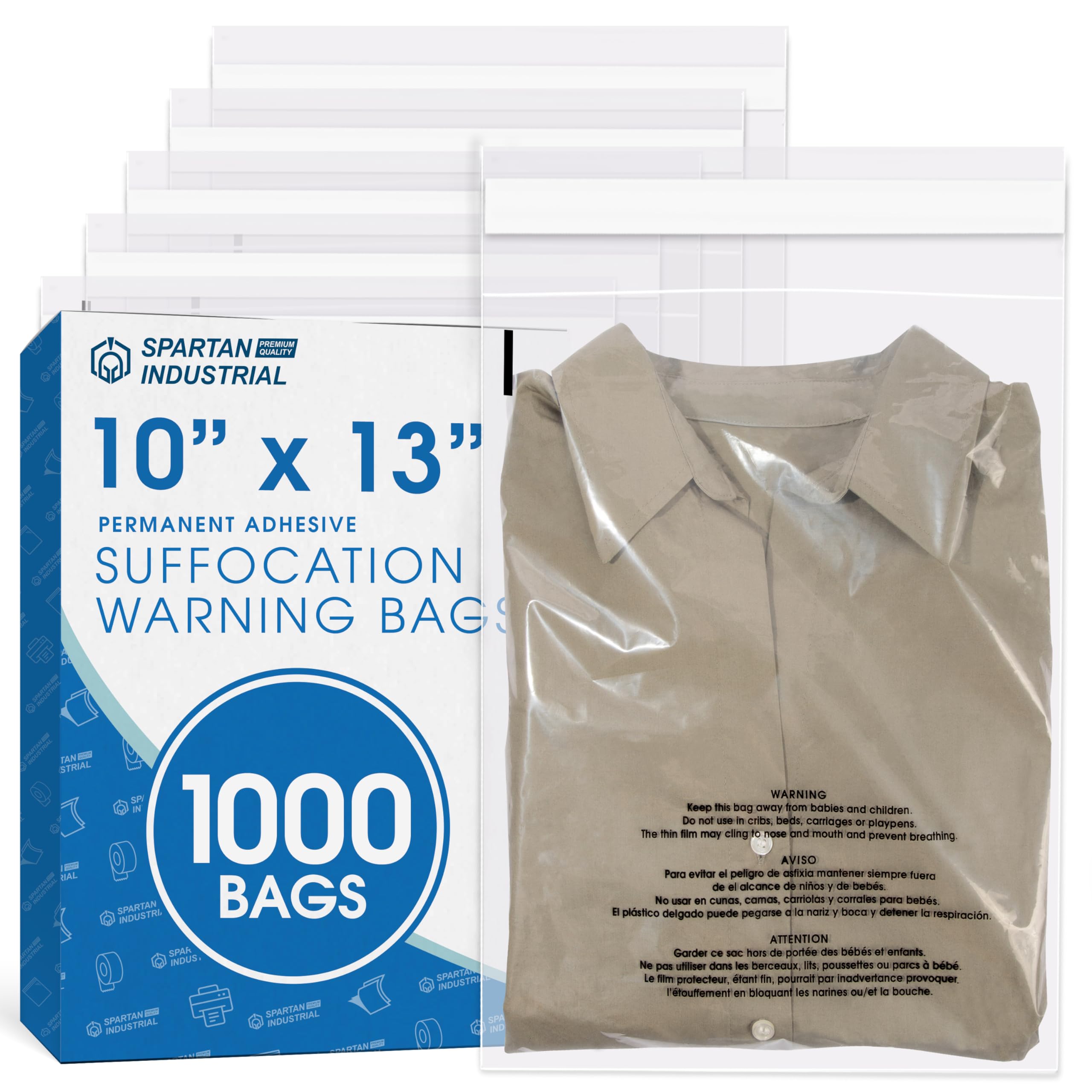 View 1 of 10" X 13" (1000 Count) Self Seal Clear Poly Bags with Suffocation Warning