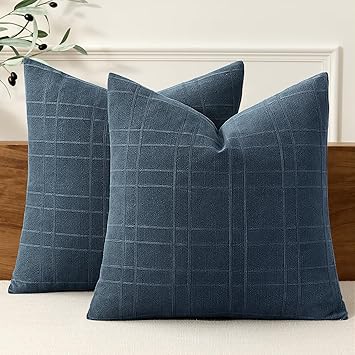 MIULEE Decorative Linen Check Throw Pillow Covers Neutral Farmhouse Vintage Pillow Covers 20x20 Set of 2 Boho Modern Home Decor for Sofa Couch Bedroom Cushion Deep Blue
