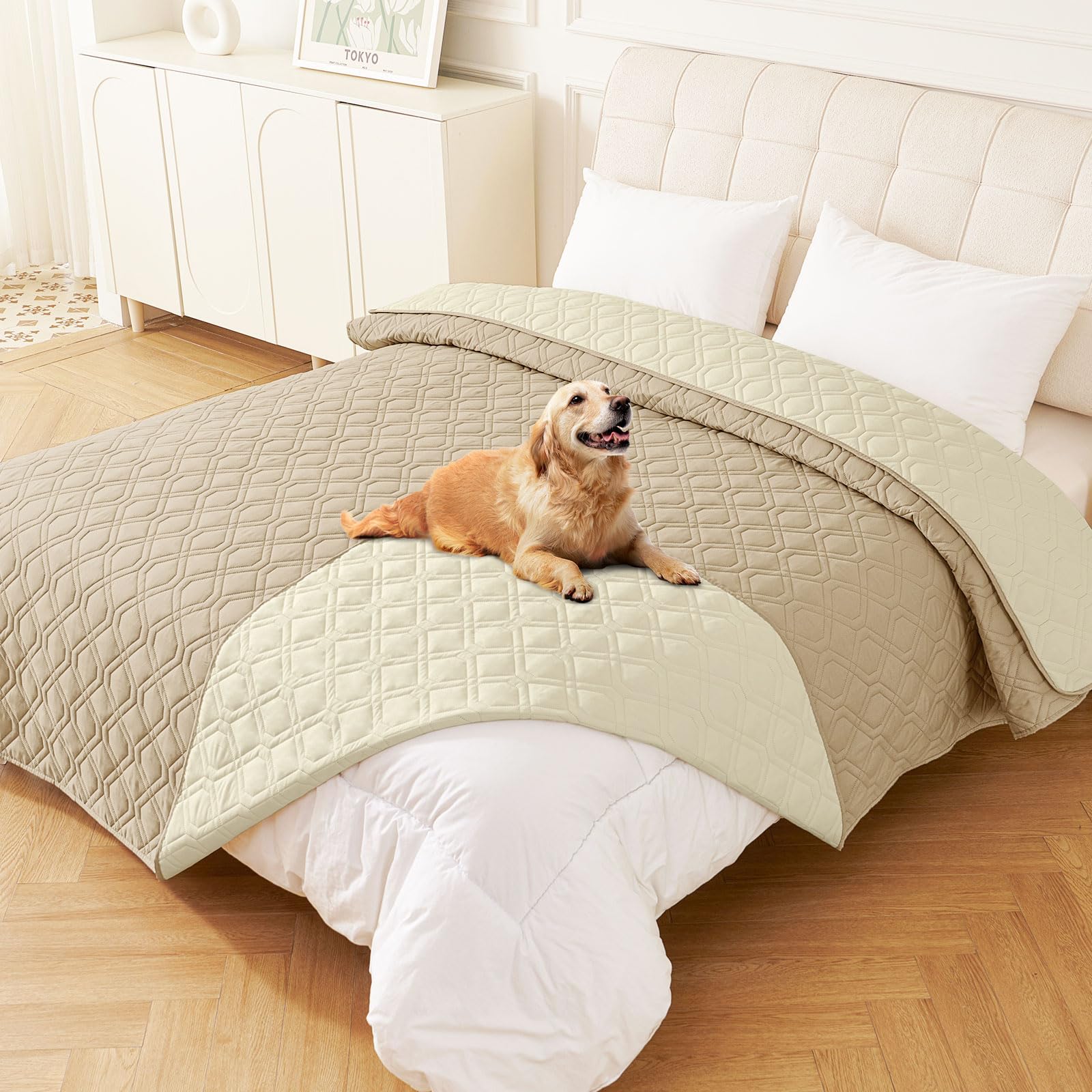 Homaxy Manta impermeable para perro, lavable, manta suave para perros y gatos, manta reversible para cachorros, cama, sofá, 203 x 208 cm, gris topo + beige