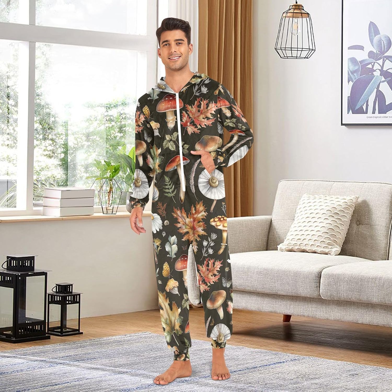 Flowers Leaves Mushroom Fall Zipper Hooded Adult Jumpsuit Pajamas with Pockets XS-3XL