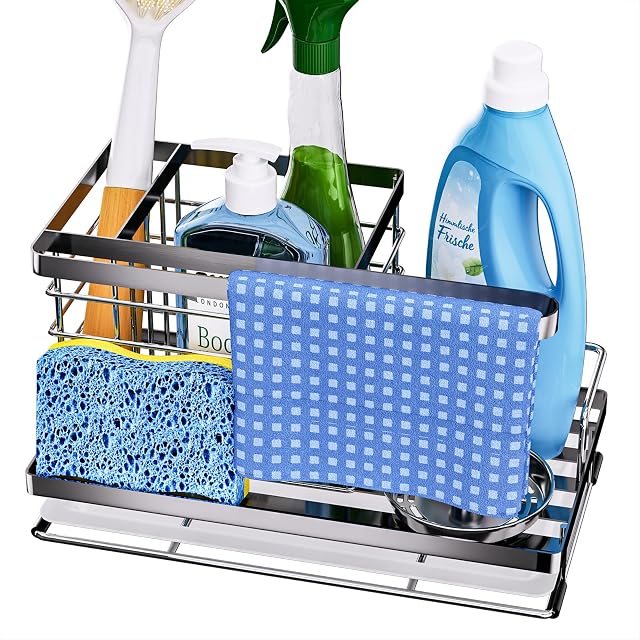 Sink Caddy with Drip Tray and Dish Cloth Holder Design, 5 in 1 Kitchen Sink Organiser Holds Dish Cloth, Sponge, Brush, SWTYMIKI Stainless Steel Sink Tidy Sink Organizer for Sink & Countertop,Silver