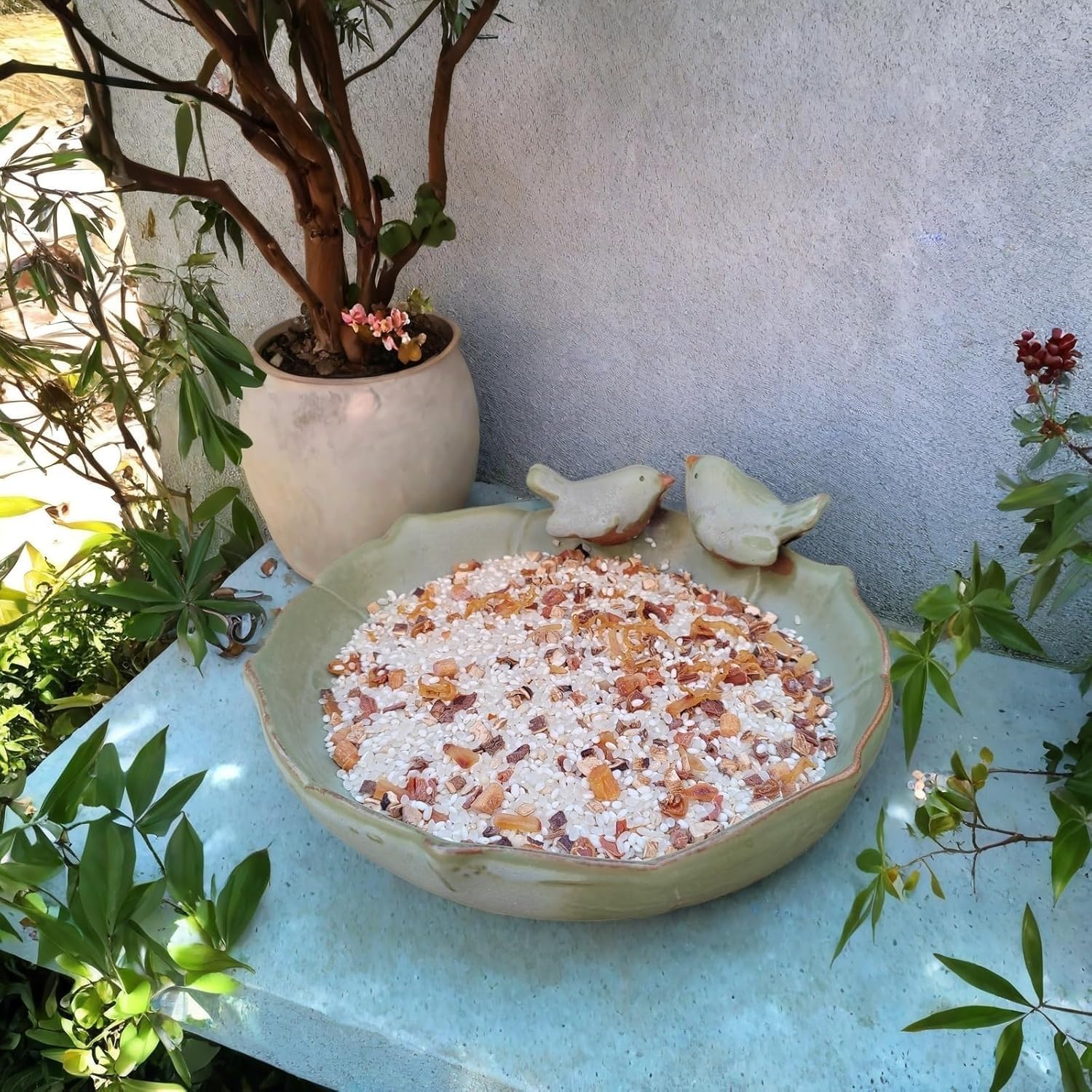 Bird Bath for Outside on Ground, 9.5 in Ceramic Birds Bath Bowl, Handmade Ground Bird Feeders and birdbath for Outdoors for Outdoors, Garden, Tabletop, Balcony and Lawn (B)