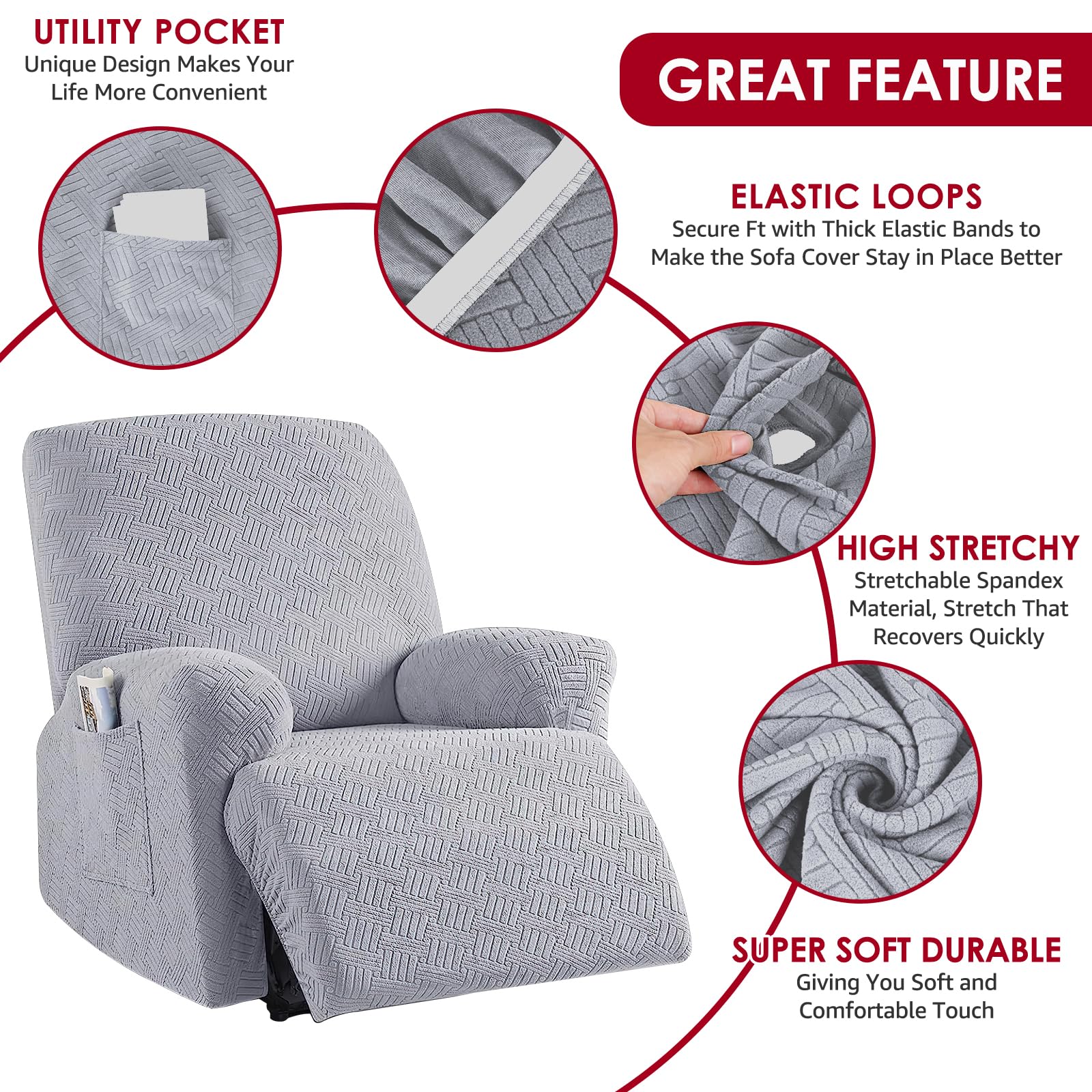 Protective Recliner Chair Cover, Non Slip Recliner Cover with Pocket, Stretch Couch Cover Slipcovers, Multipurpose Jacquard Recliner Sofa Slipcovers Furniture Protector Covers for Home (Light Grey)