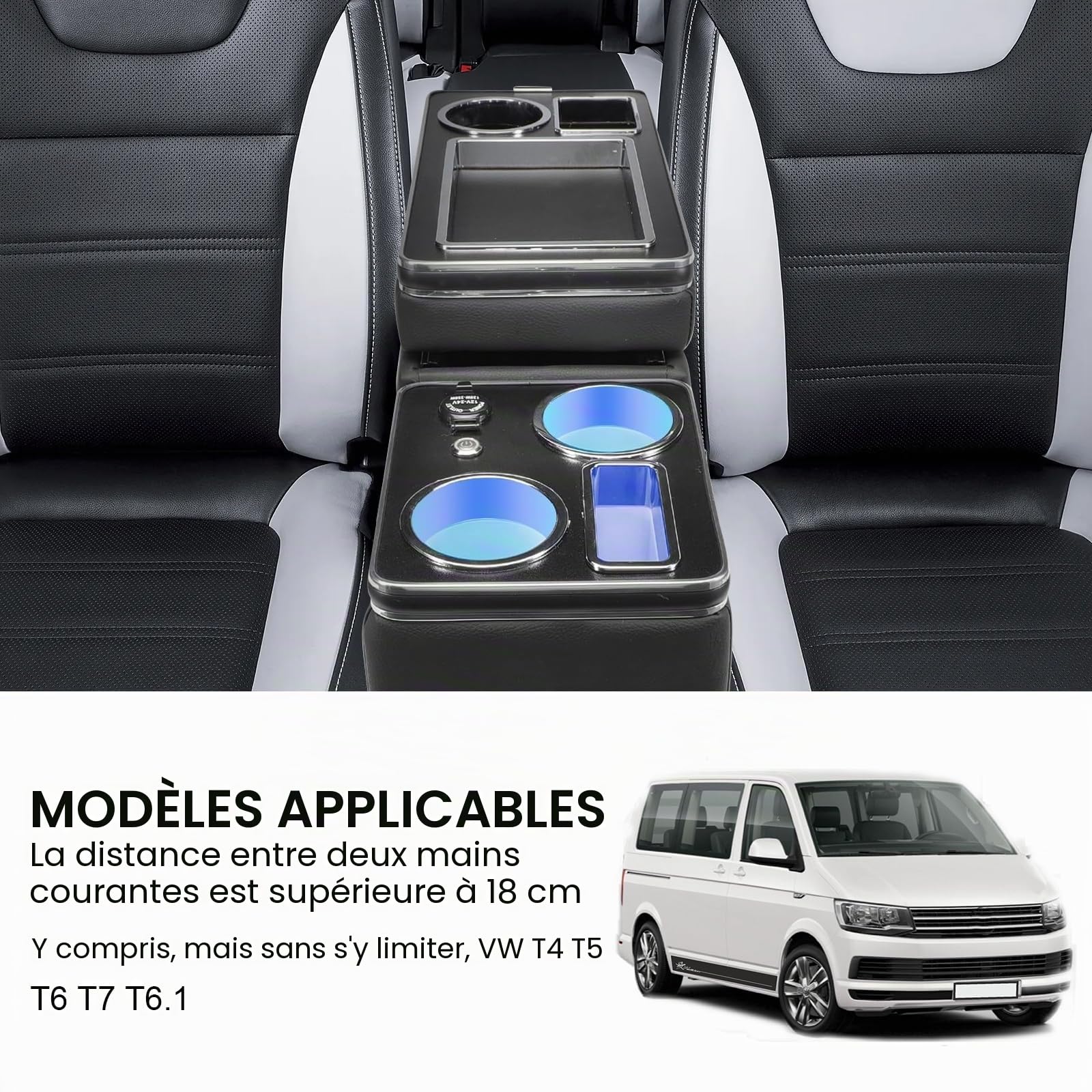 Console Centrale avec étagères de Rangement Compatible Avec VW T4 T5 T6 T7 | T6.1 2003-2019, Porte-Boisson Téléphone Cuir Noir Brillant Accoudoir Avec USB et Lumières LED, Allume-cigare