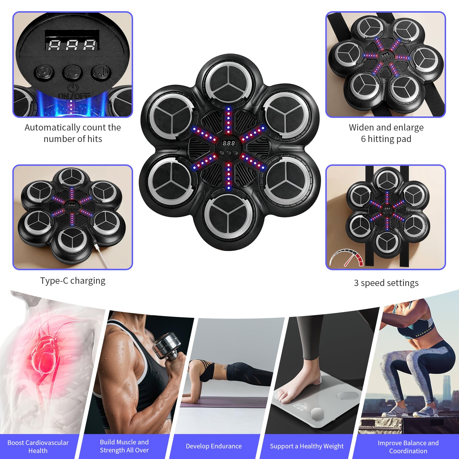 Music Boxing Machine, LED Máquina de Boxeo Electrónica con Guantes De Boxeos, 3 Modos de Entrenamiento, Soporta Bluetooth, Conteo Inteligente, Boxeo Pared Musical para Niños y Adultos