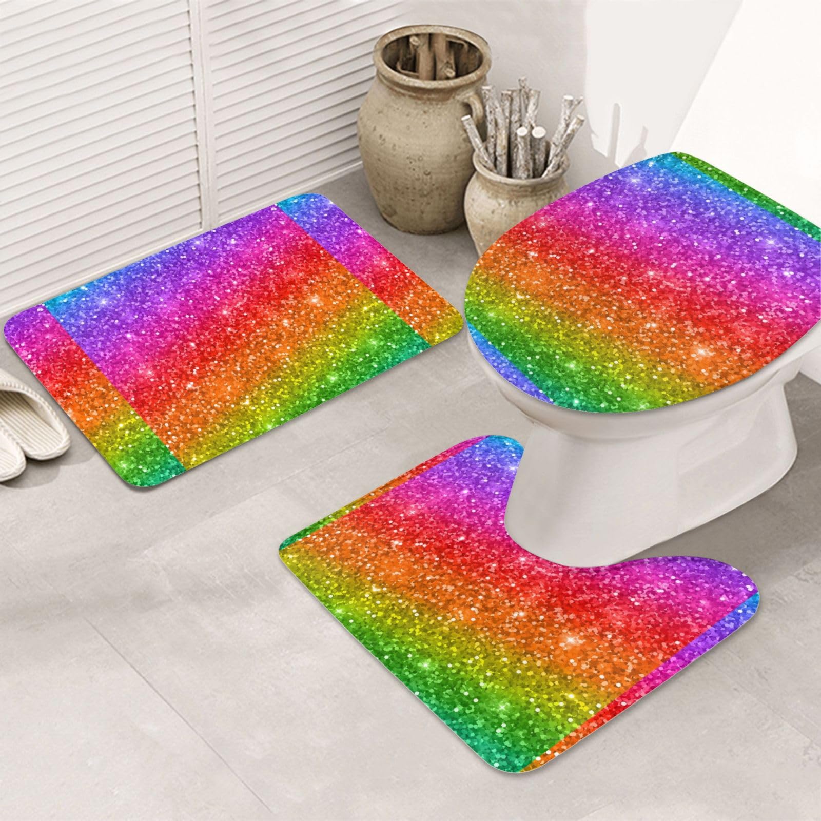 Farbenfrohes Glitzer-Badezimmerteppich-Set, 3-teilig, weich, 80 x 50 cm, rutschfest, extra weich, saugfähig, waschbar und trocken