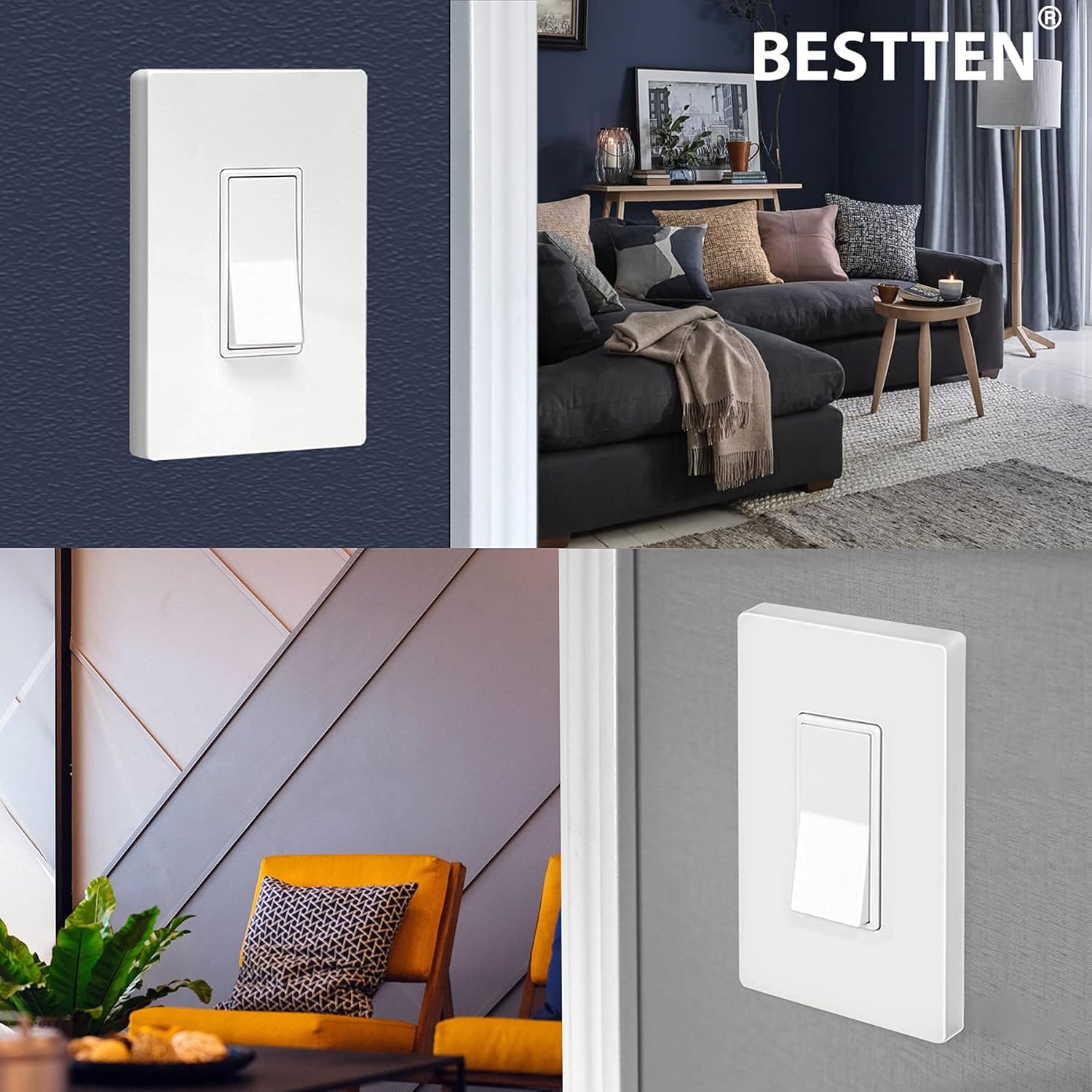 [40 Pack] BESTTEN 1-Gang Modern Designer Midway Screwless Wall Plate, USWP4 White Series, Unbreakable Mid Size Outlet Cover, H4.85” x W3.10”, Impact Resistant Switch Plate - - 