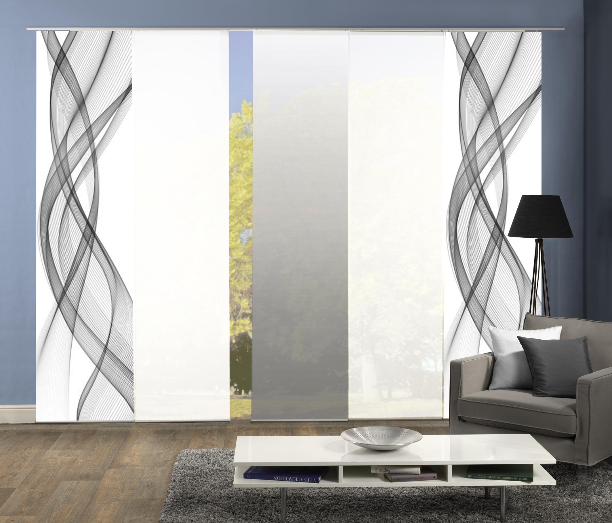 Home Fashion Schiebegardine FERROL Grau/Multicolor, 245x60cm, Zubehör, Blickdicht, Farbe:grau, Größe:245 x 60 cm, Anzahl:5er Set (2X, 2X, 1x)
