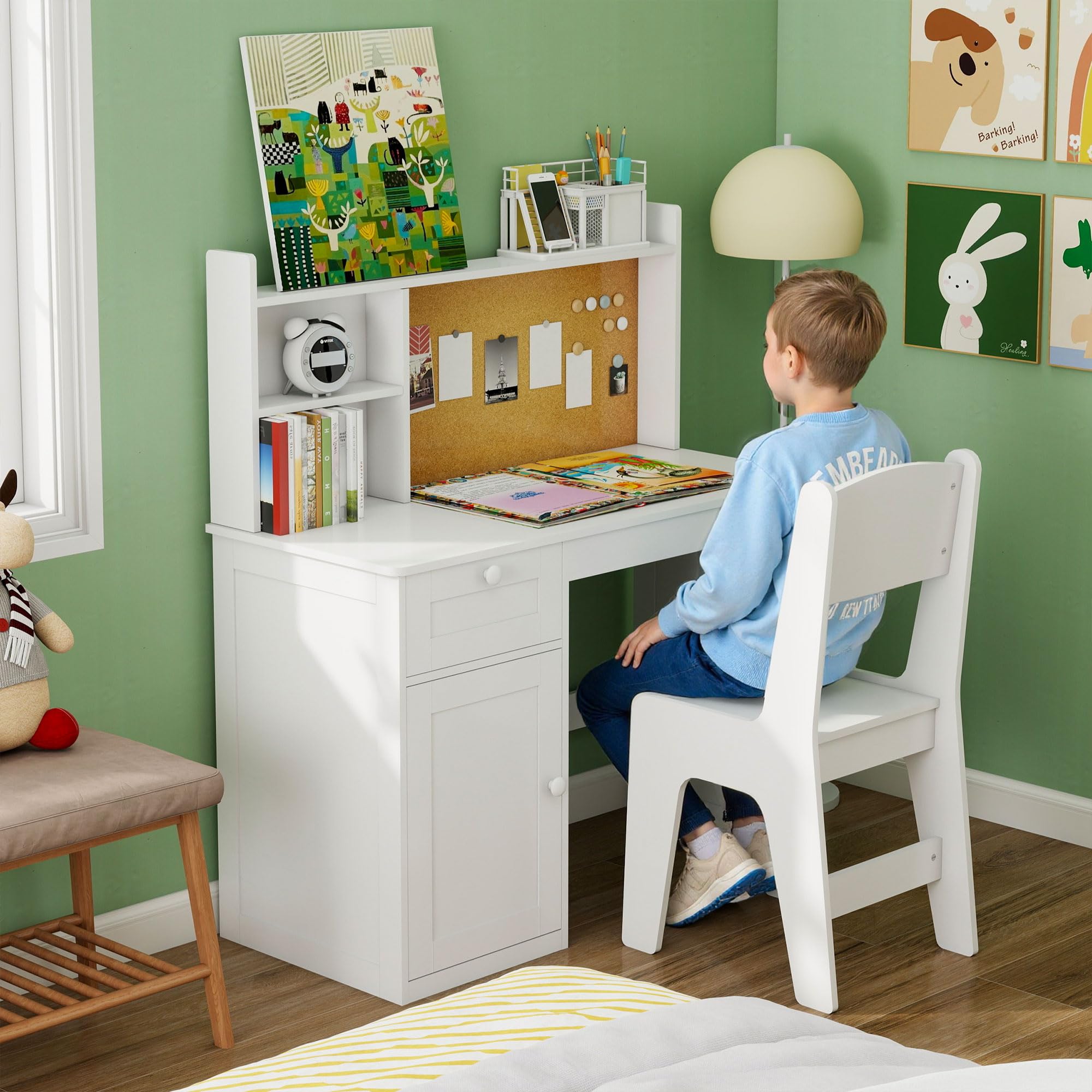Escritorio de estudio para niños con silla, juego de sillas de escritorio para niños de 5 a 12 años, mesa de estudio de madera para niños con gabinete y gabinete de almacenamiento, mesa de escritura 9