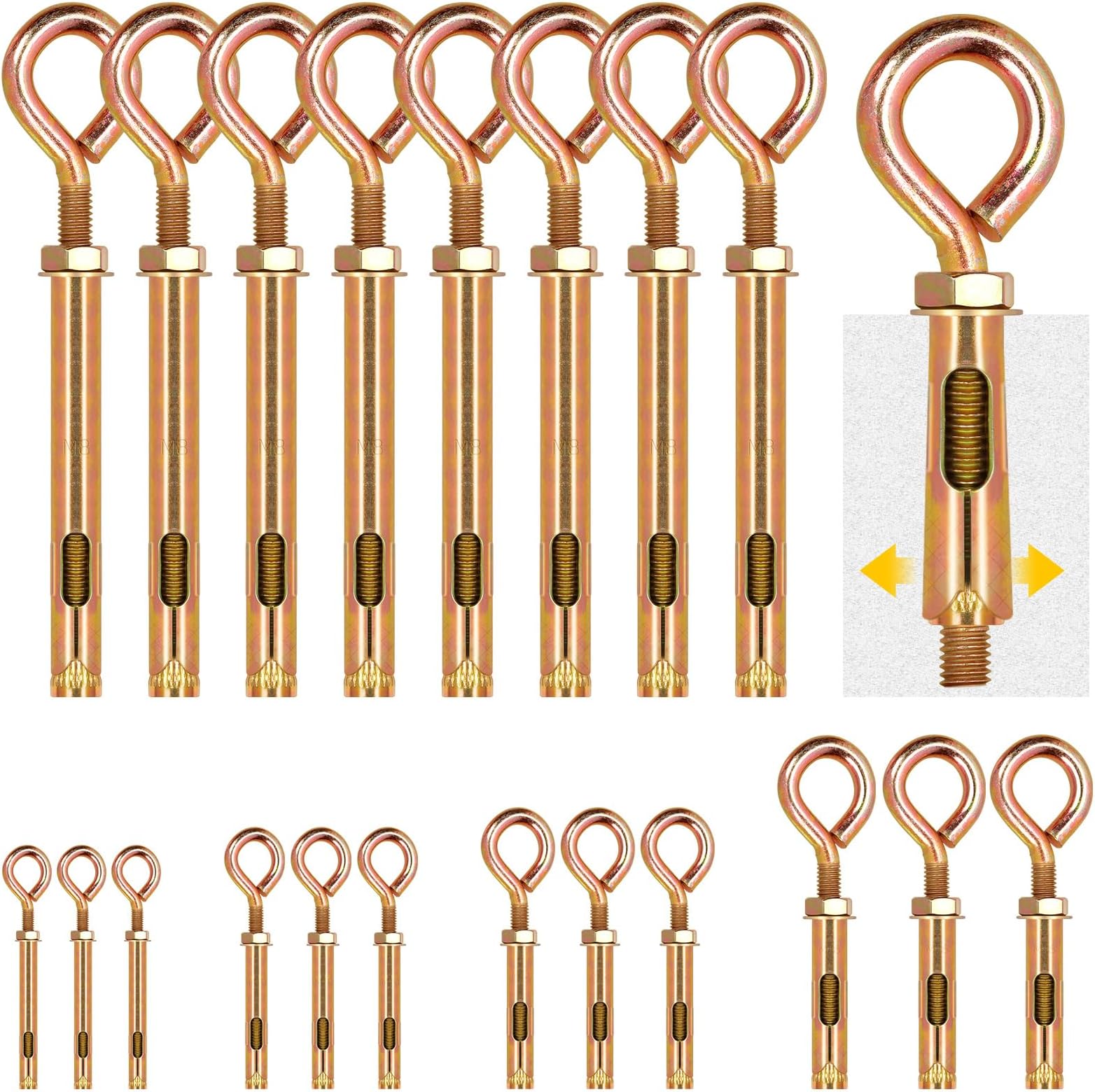 Glarks 8pcs M8 Concrete Eye Bolts, Carbon Steel Expansion Screws Closed Hook Bolts, Colored Zinc Plated Expansion Eye Bolt Screw Anchor for Wall Masonry Concrete Expansion Heavy Duty Bolts