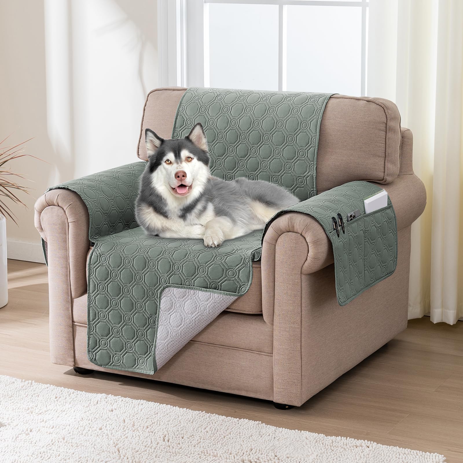Funda Sofa 1 Plaza,100% Protector Sofa Impermeable,Fundas Sofa Antipelos Mascotas,con Correas Elásticas,Verde Claro OEKO-TEX STANDARD 100