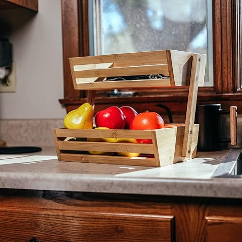 Miniatura 4 de 7Penn Cesta de frutas de 2 niveles para encimera de cocina, cesta de frutas de bambú para mesa o despensa - Frutero de madera grande para verduras -