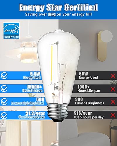 Miniatura 5 de MASTERY MART Bombillas Edison equivalentes a 60 W, bombillas LED vintage E26 de base media, CRI 90+, 4000 K blanco natural, ST19 ST58, 5.5 W no