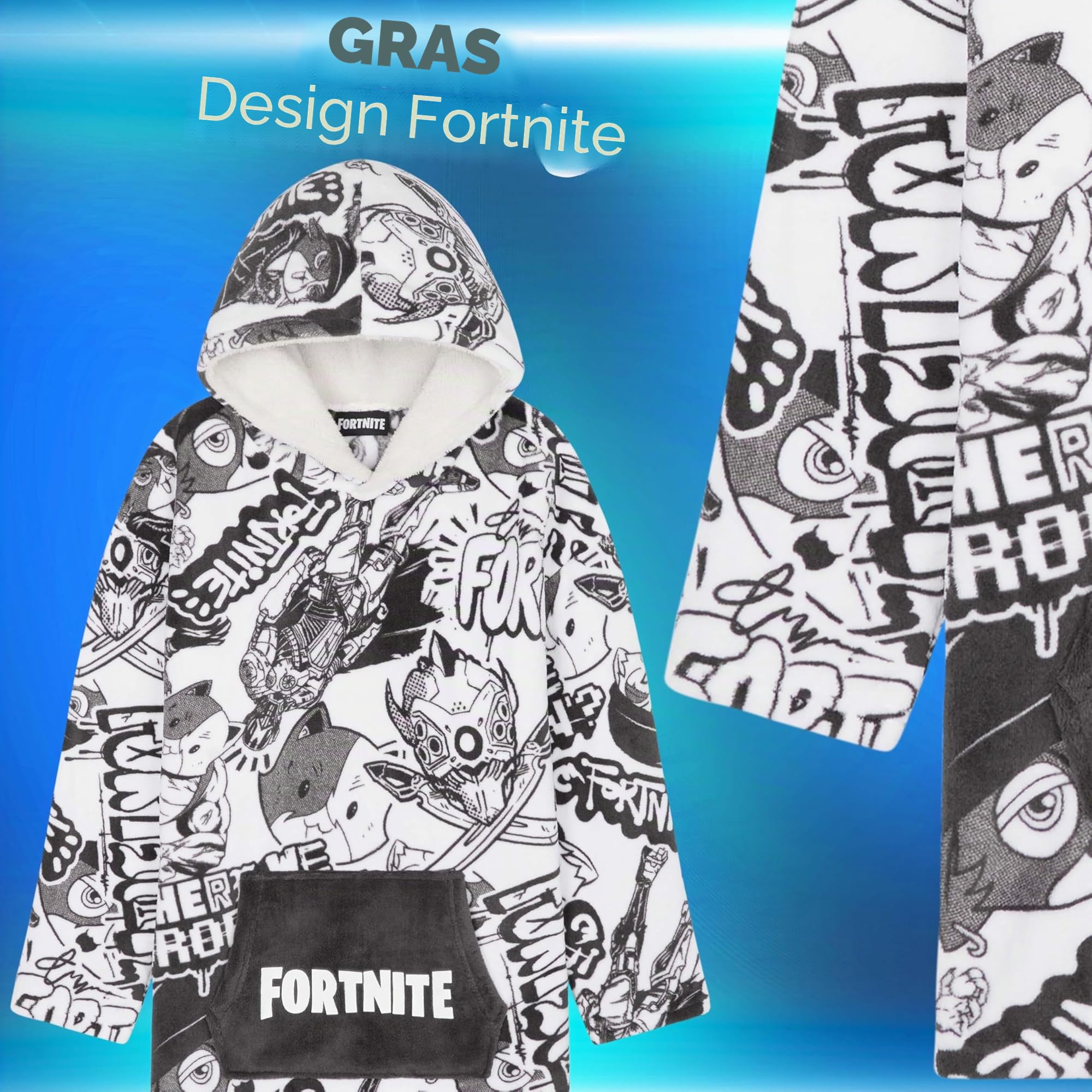 Fortnite Pull Plaid Chaud à Capuche Oversize Garçon et Ado 14+ Poncho Polaire Pull Couverture Portable Extra Longue Cadeau Gamer