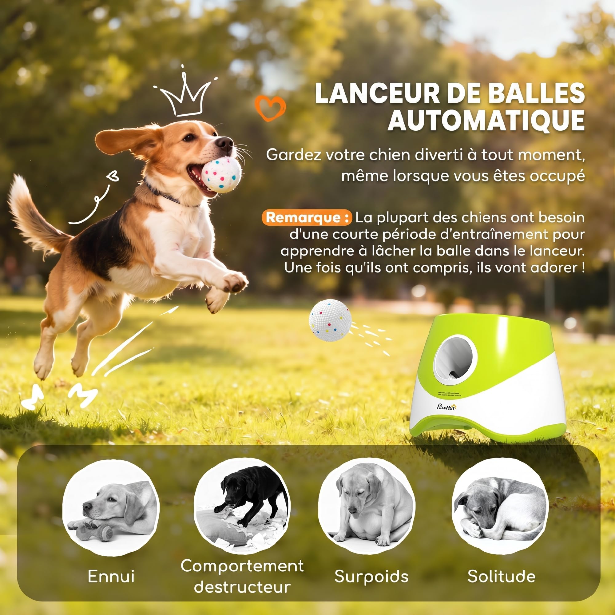 PawHut Lanceur Automatique de Balles pour Chiens Petits et Moyens Jouet | avec 3 Balles en ETPU, 3 Distances (6m/10m/14m), d'Entraînement, Intérieur Extérieur