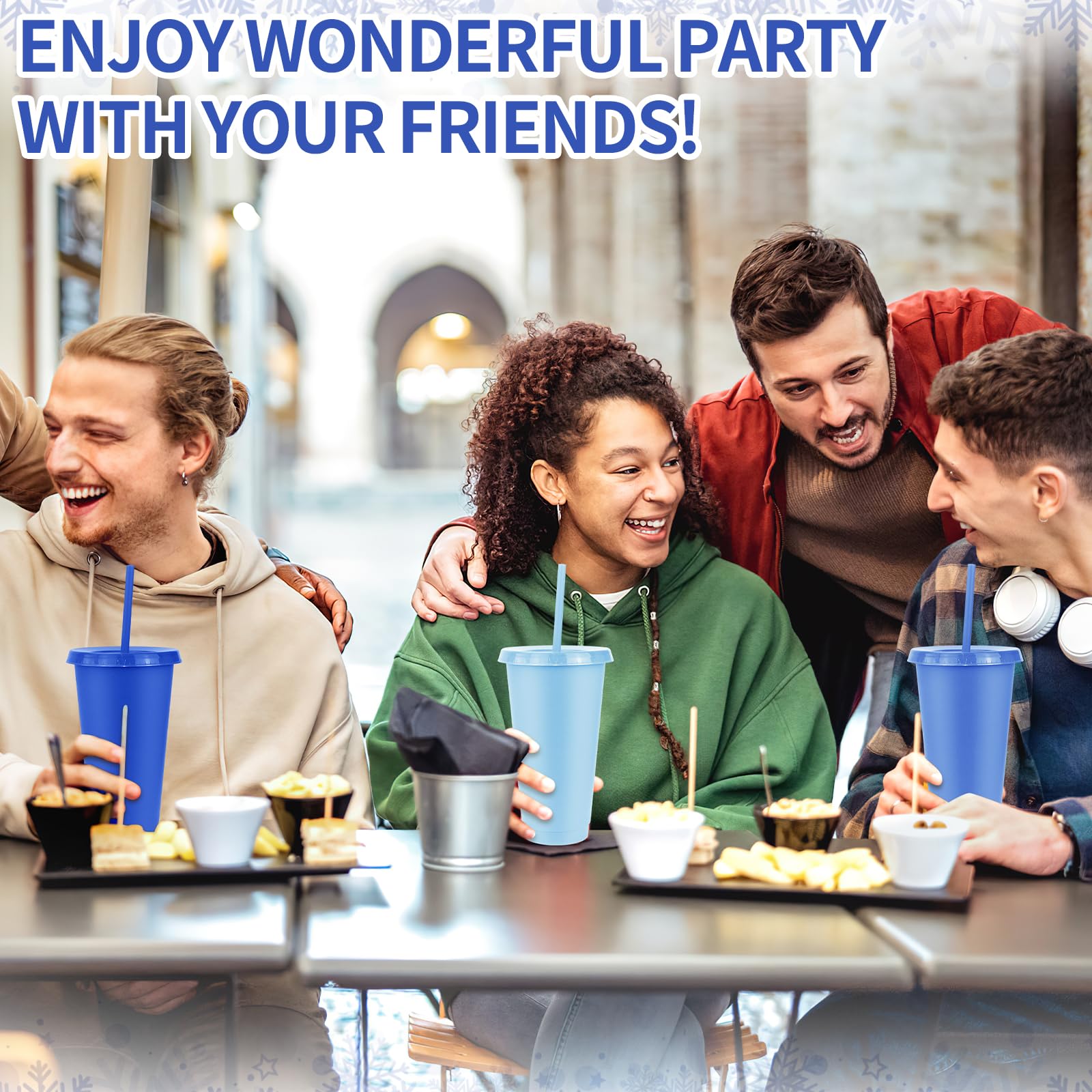 MSYU Lot de 24 grands gobelets en plastique réutilisables avec couvercles et pailles, 710 ml, pour café, boissons, fête, fête prénatale, anniversaire (gris bleu)
