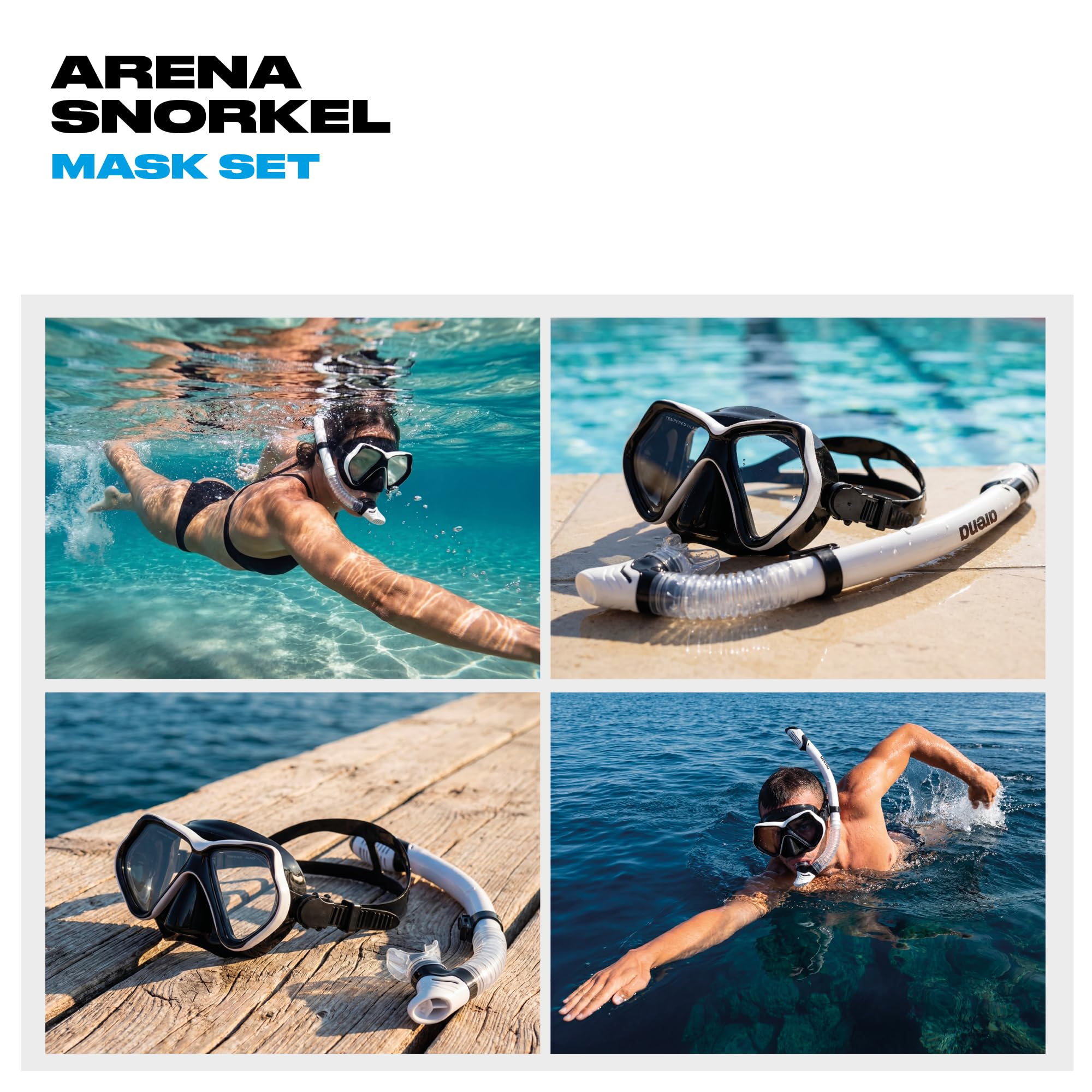 Arena Set Maske und Schnorchel für Erwachsene, Schnorchelmaske Unisex, Meeresmaske, Schnorchelset mit Anti-Infiltrations-Technologie, Flexibler Schlauch mit Entlüftungsventil, Hypoallergenes Silikon