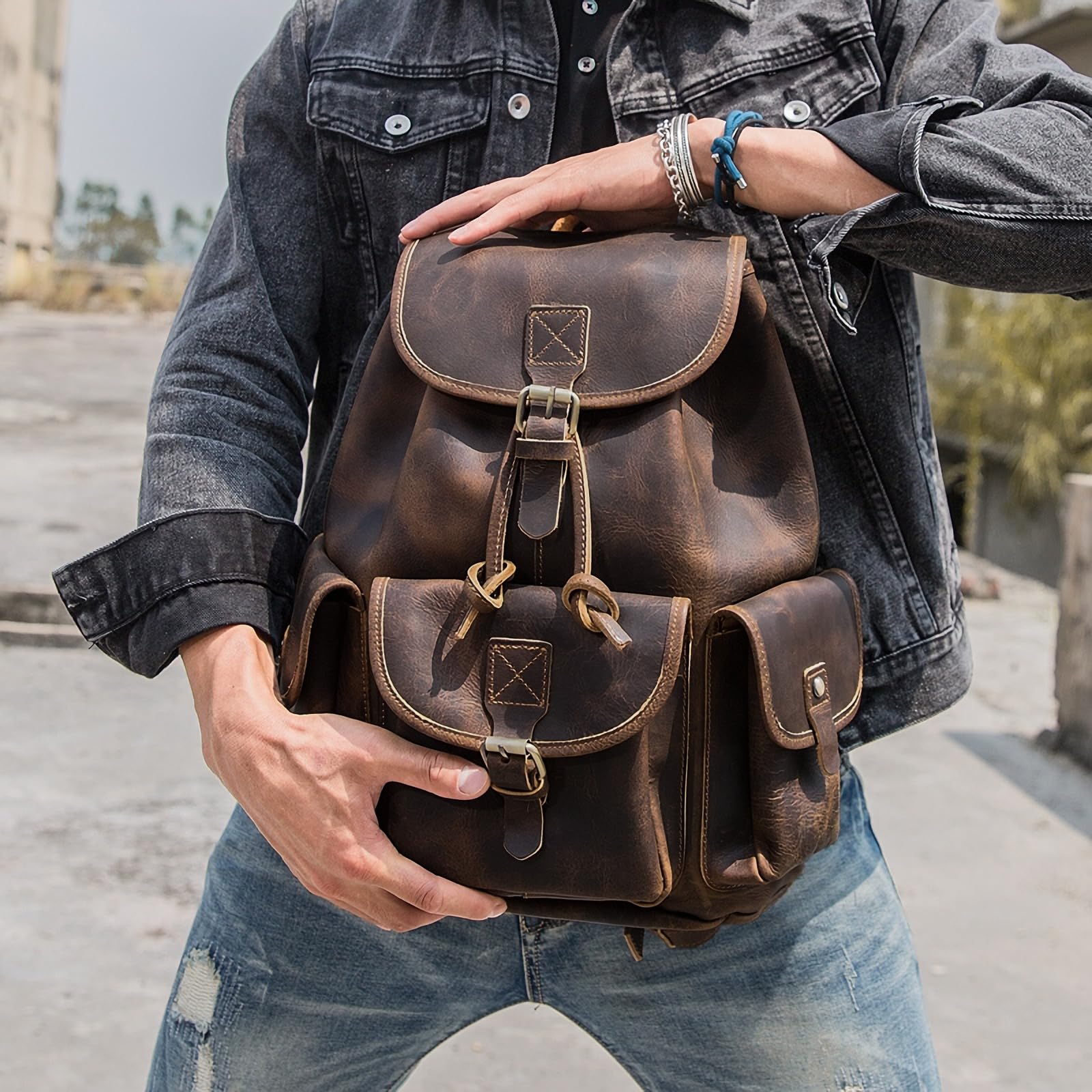 backpack leather outlet Polare Full Grain Rucksack Casual Travel Satchel Bag Original Ace Spinner organizer with pen and Spinning Reel Bcf Line Style:42
