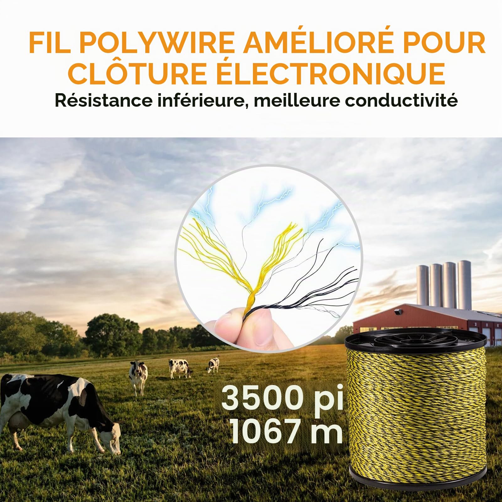 Fil de Clôture Électrique 1067 m / 3500 ft – Diamètre 2,3 mm | 6 Conducteurs en Acier Inoxydable & 24 Fibres PE, Haute Visibilité Jaune-Noir pour Chevaux et Bétail