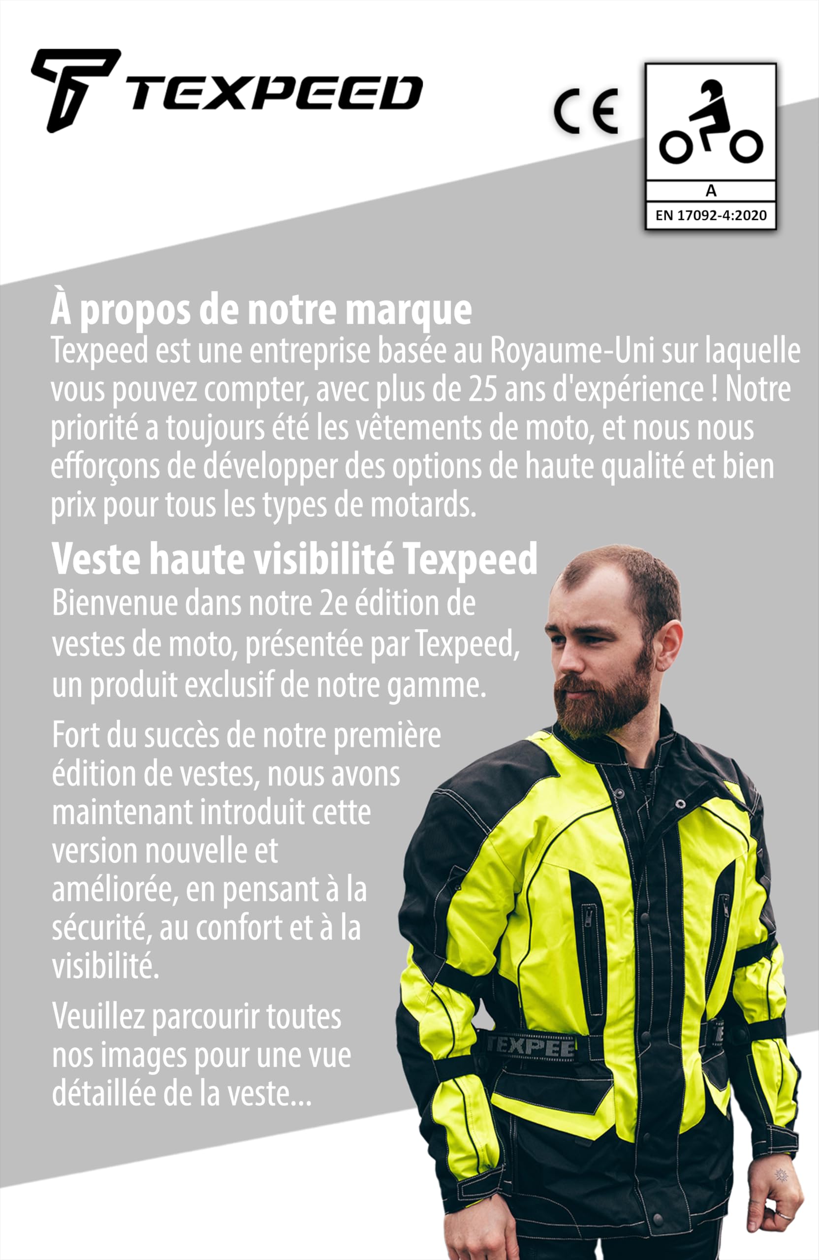 Texpeed Haute visibilité réfléchissante imperméable veste homme homologué avec protection - Hiver longue blouson motard avec armure (EN 1621-1) Jaune Noir - Toutes les tailles