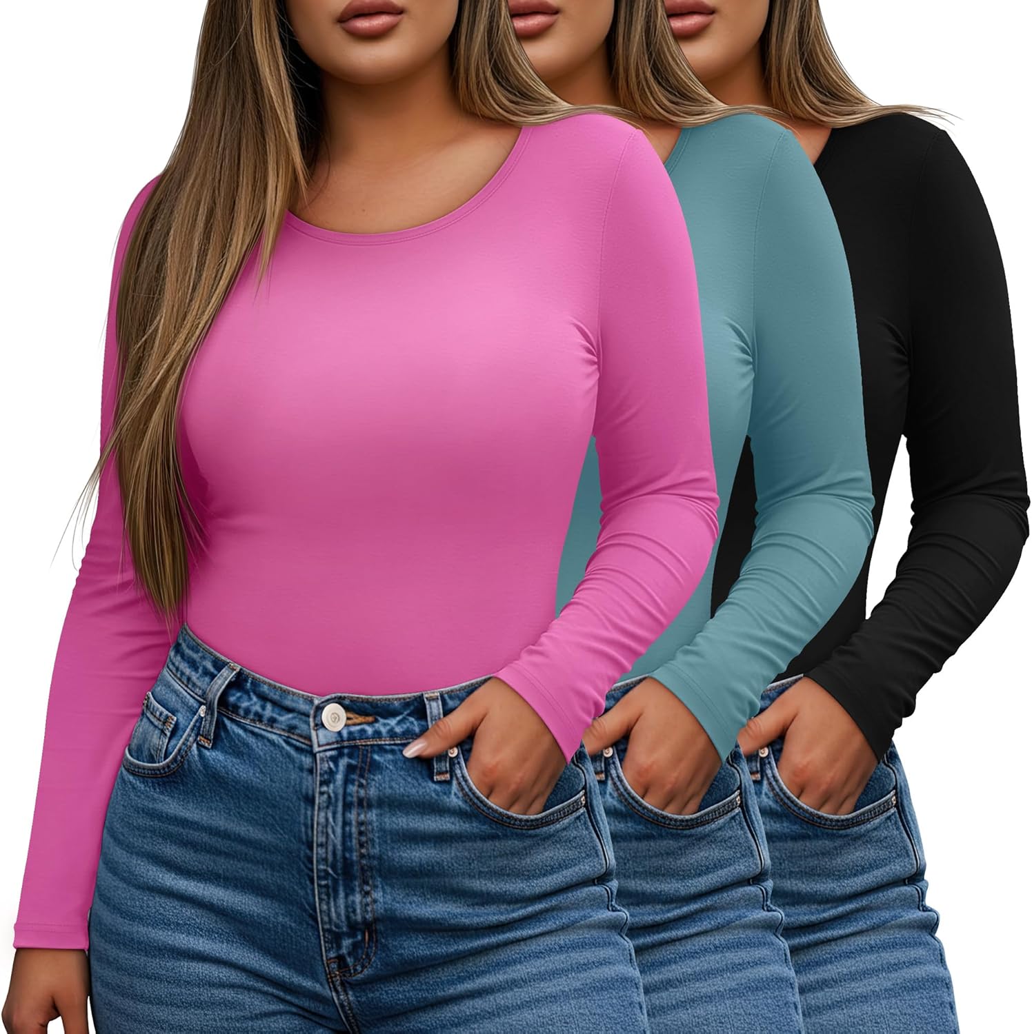 3 Pack Women's Plus Size Shirts Tops Scoop Neck Long Sleeve Tee Slim Fitted Stretchy Casual Basic Fall Winter Blouse