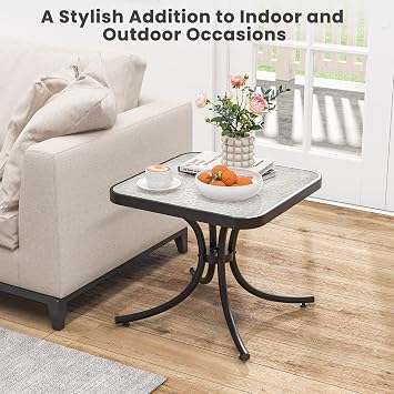 Tangkula Outdoor Side Table, 20 Inches Square End Table with Tempered Glass Top, Metal Frame, Small Patio Table for Garden, Backyard, Balcony, Poolside, Porch (1)