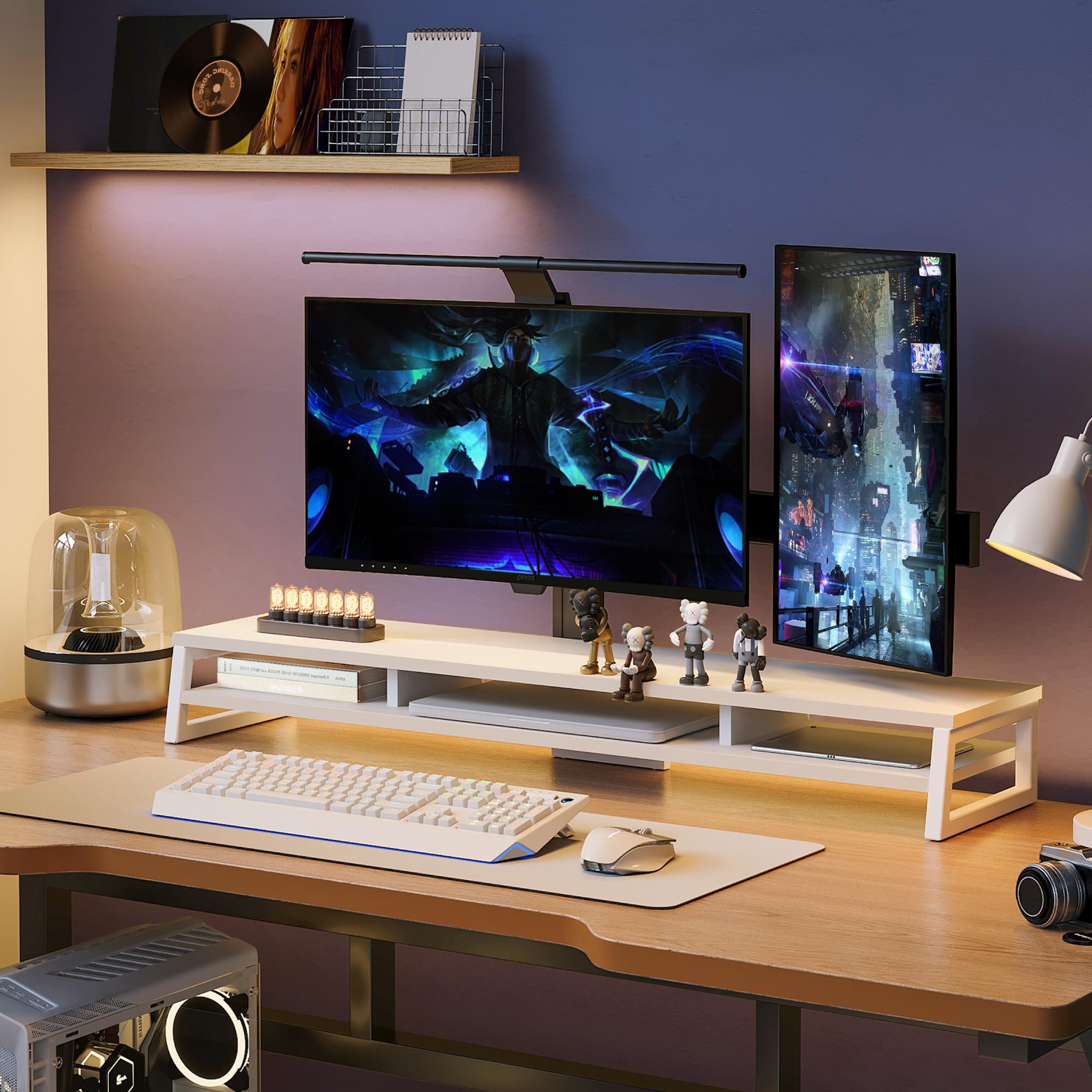 Fenge Supporto per Monitor per Computer in Legno con Struttura in Metallo, Rialzo per Monitor da Scrivania a 2 Livelli, Supporto Ergonomico per Laptop, PC, Computer, L108 x W25,5 x H13,7cm, Bianco