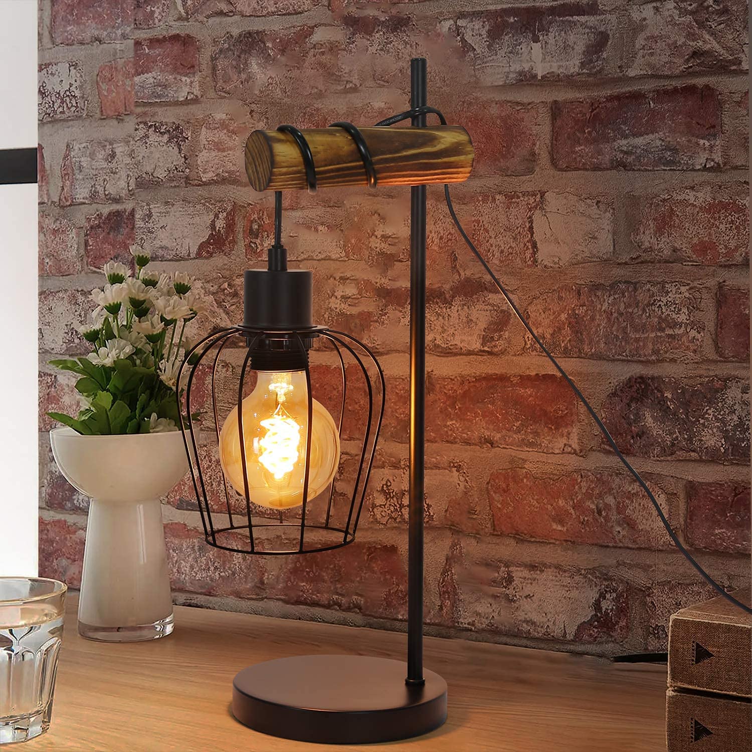 ZMH Tischlampe Vintage Tischleuchte Wohnzimmer Holz: E27 Nachttischlampe Schlafzimmer im Industrial Design aus Metall Schwarz Bettlampe mit 180cm Kabel Dekorativ für Cafe Hotel - ohne Leuchtmittel