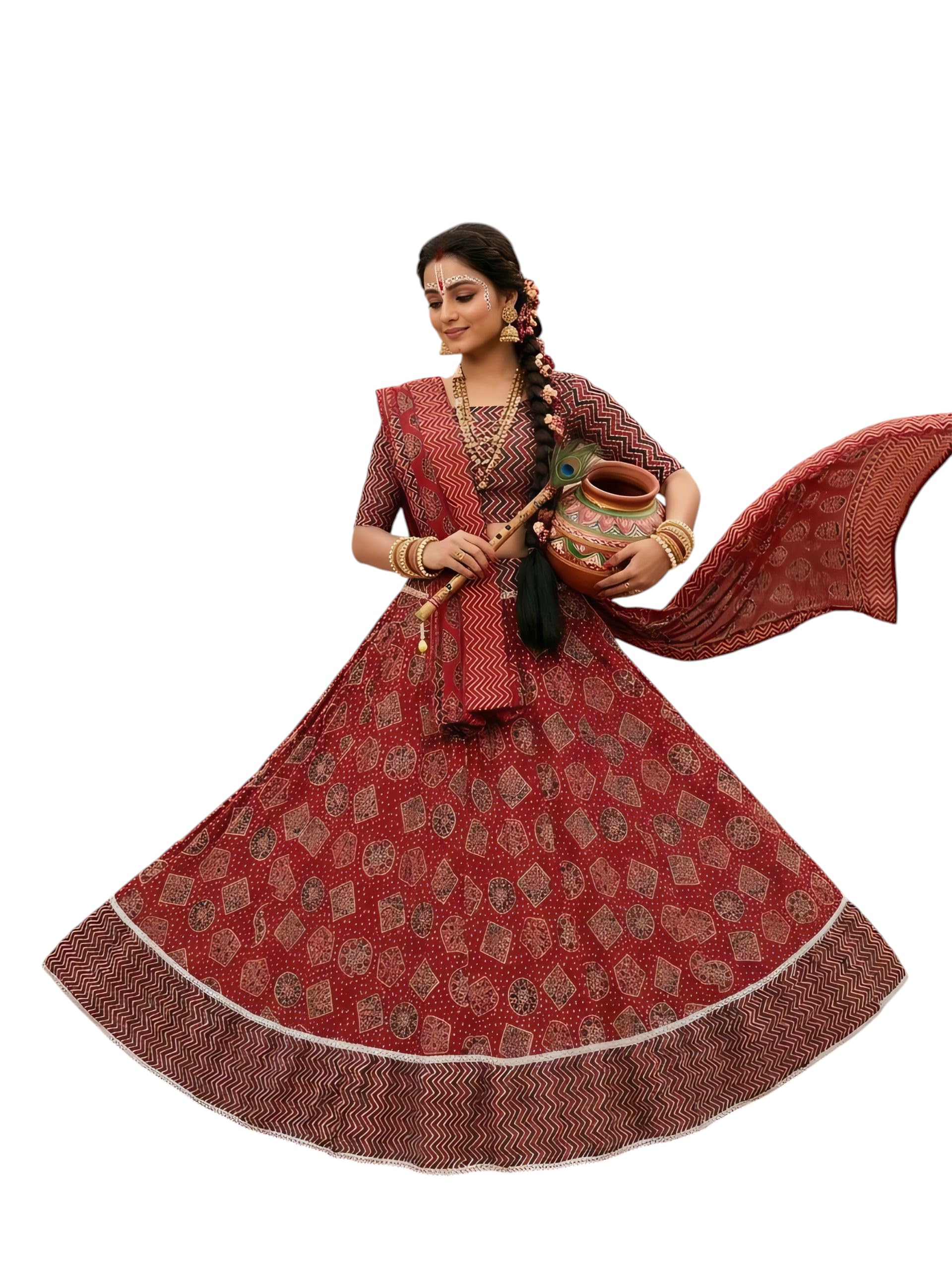 Printed Lehenga Choli with Dupatta, Maroon, Zigzag and Floral Block Print, Gopi Dress-image-34