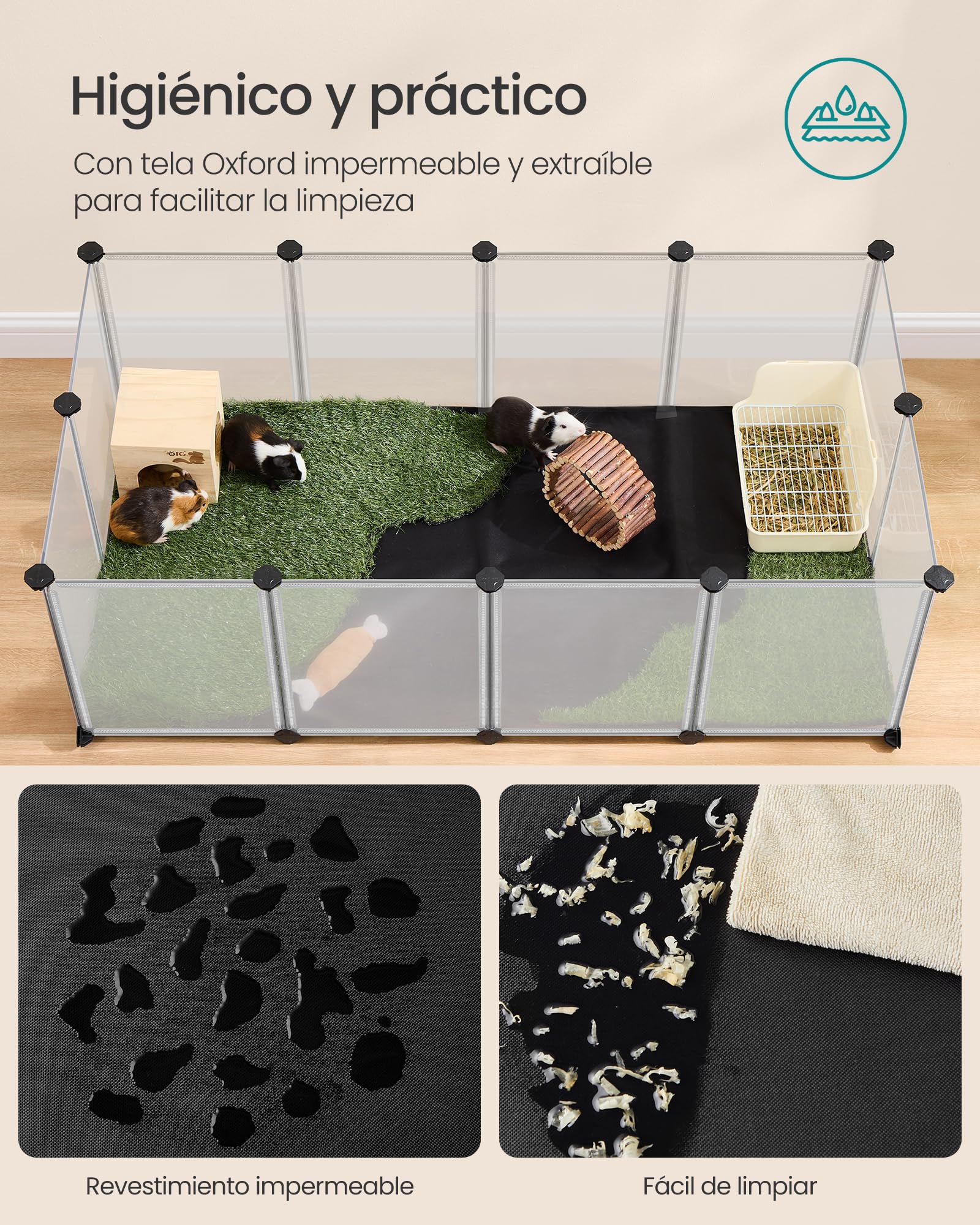 SONGMICS Parque para Mascotas con Suelo y Alfombra Impermeables y Extraíbles, Valla para Animales Pequeños, para Hámsteres, Conejos, Erizos, Cobayas, 145 x 73 x 57 cm, Blanco LPC013W01