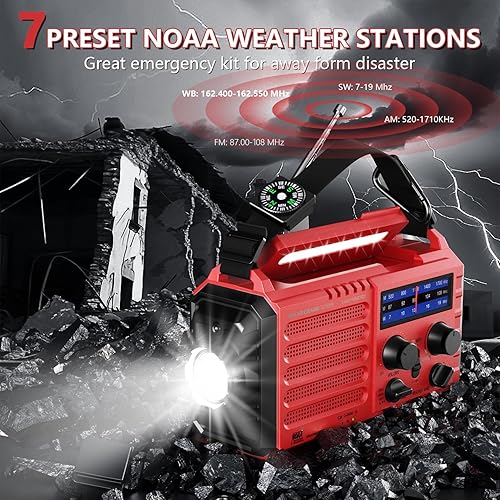 Miniatura 2 de Radio de manivela solar de emergencia, radio de alerta meteorológica AM/FM/SW NOAA, linterna, lámpara de lectura, alarma SOS para supervivencia