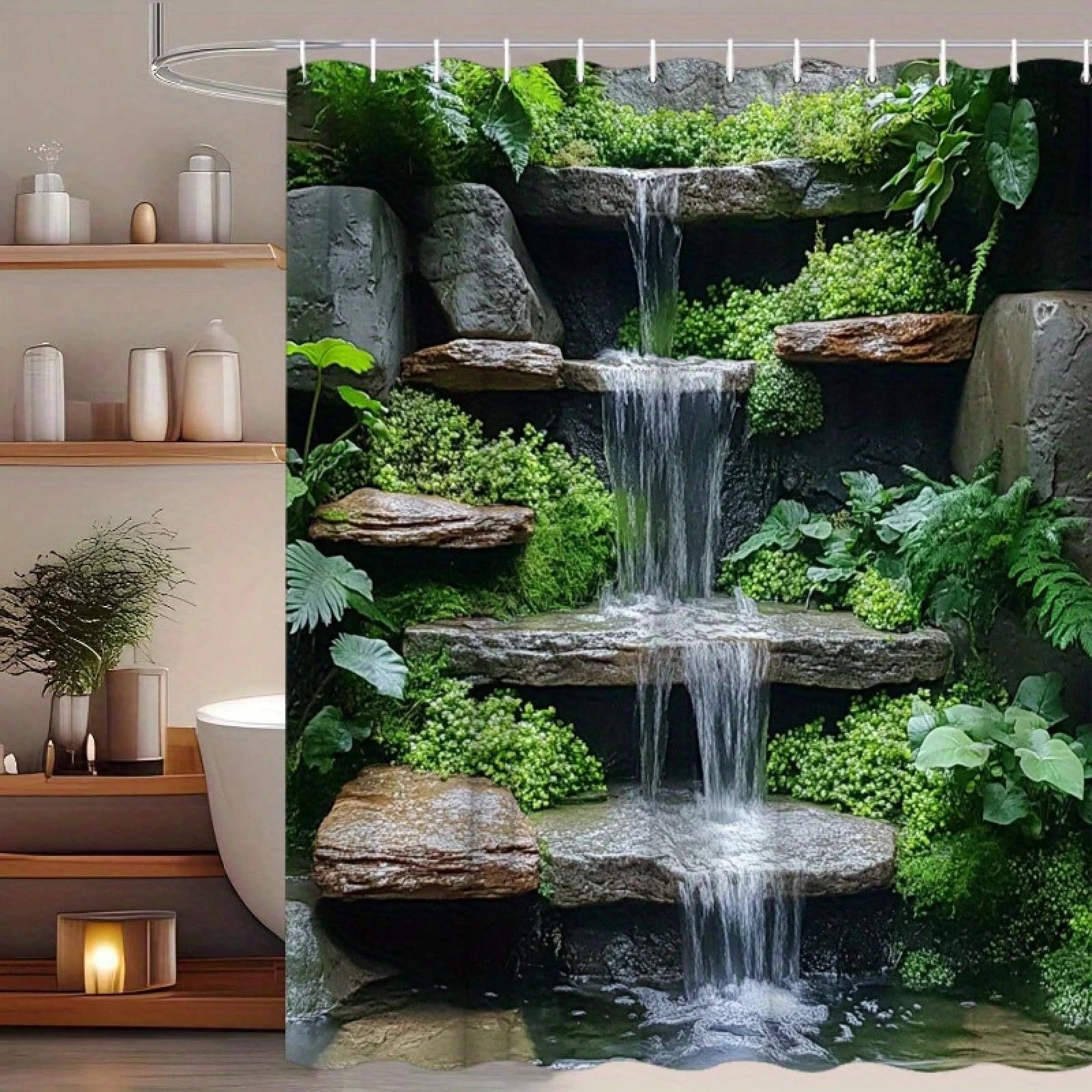 GLKSDLPO Extra Long Waterfall Shower Curtain With Greenery & Stone Wall Design Wet Room Bathtub Curtain For Bathroom Decor(120x200cm/47x79in(WxH)